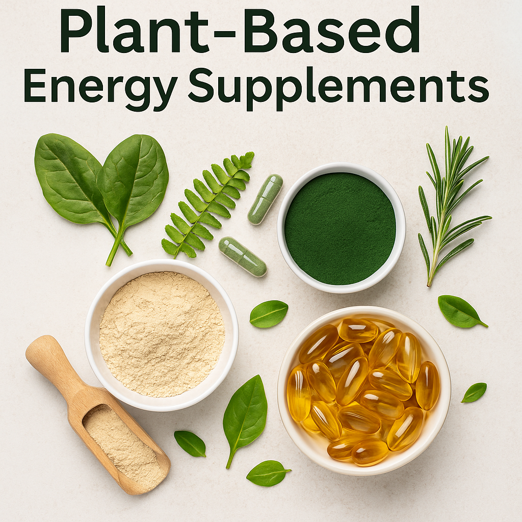 Plant-based energy supplements including protein powder, omega capsules, and green superfood ingredients arranged on a neutral background for BioBodyBoost UK