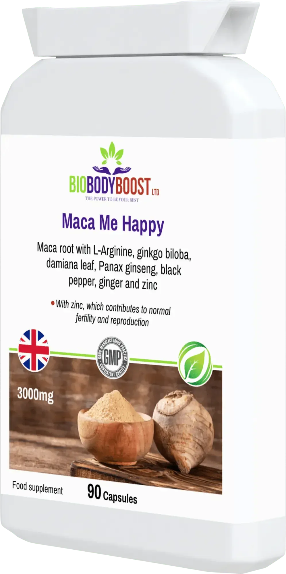 Maca Me Happy supplement with maca root, ginseng, and zinc benefits.