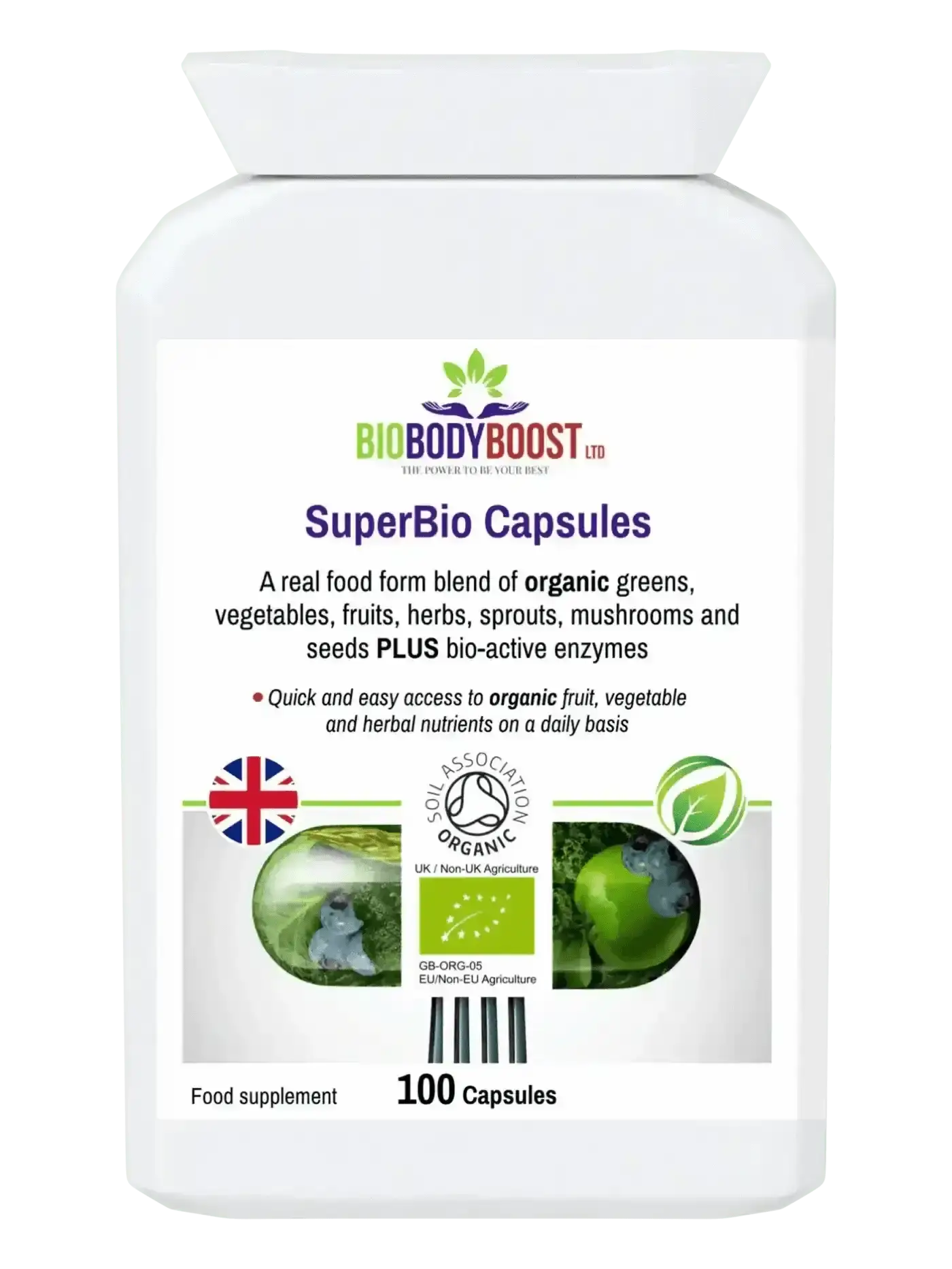 SuperBio organic greens capsules UK with 35 superfoods, an AG1 alternative
