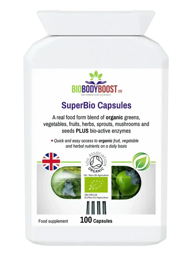 SuperBio organic greens capsules UK with 35 superfoods, an AG1 alternative