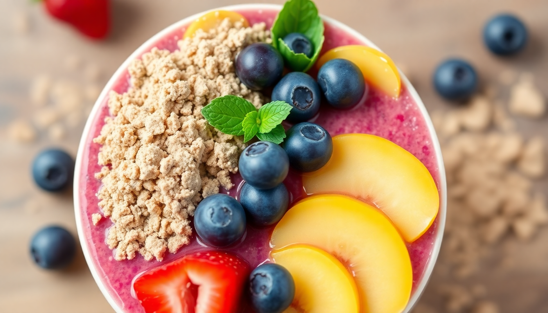 A vibrant smoothie bowl topped with protein powder