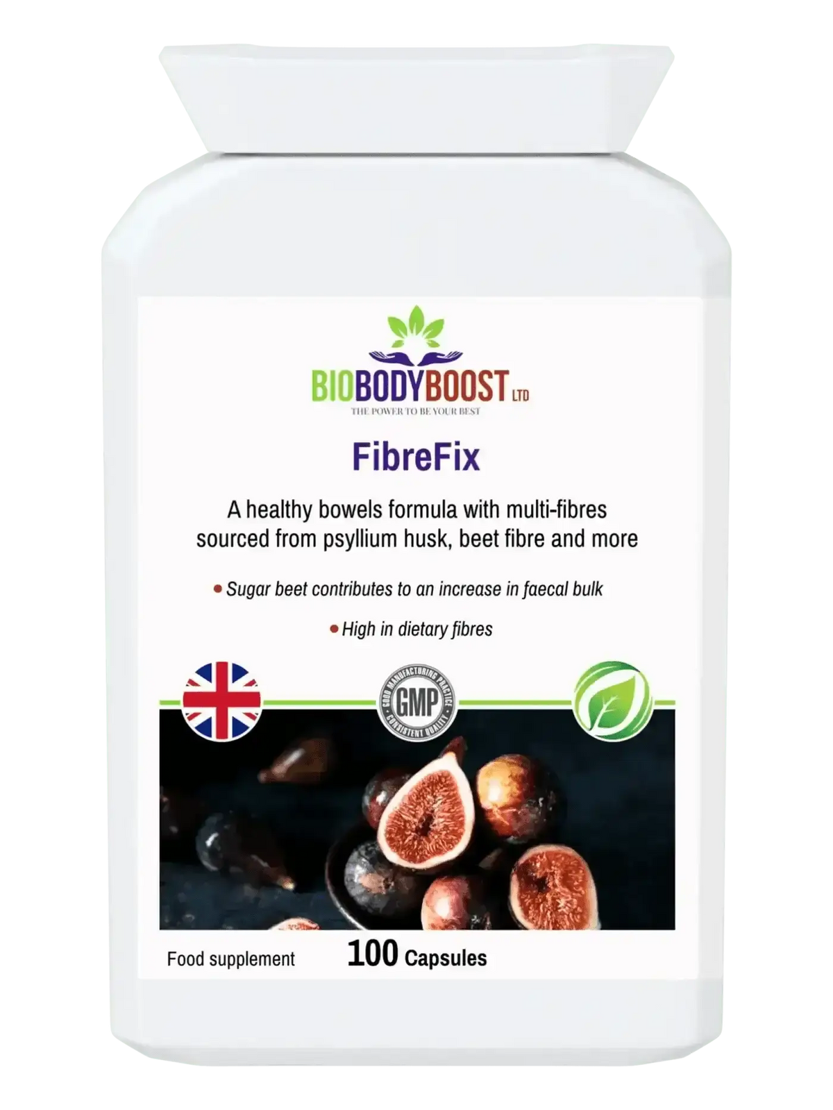 FibreFix high-fibre capsules UK by BioBodyBoost, halal approved vegan fibre supplement from eleven fibre foods