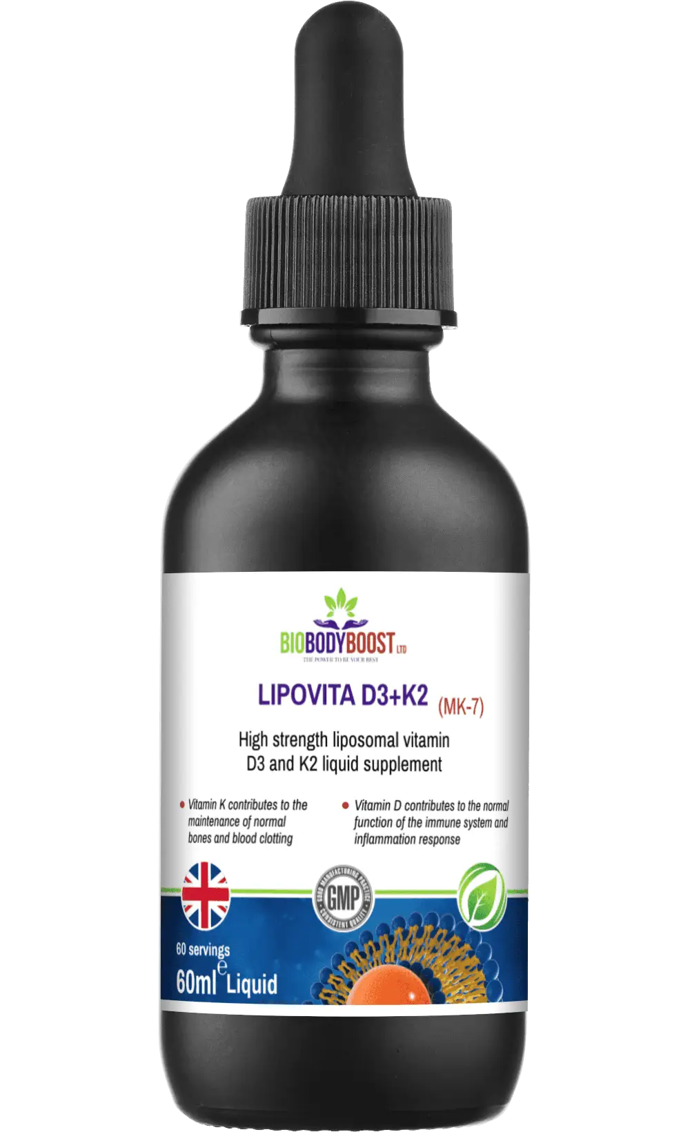 Lipovita liposomal vitamin D3 and K2 drops in a 60ml dropper bottle — algae-sourced vegan D3 4000 IU with K2 as MK-7, halal and kosher approved