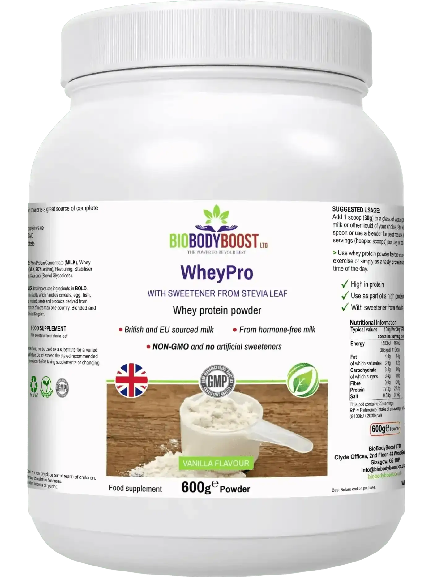 WheyPro vanilla halal whey protein powder UK 23.6g per serving