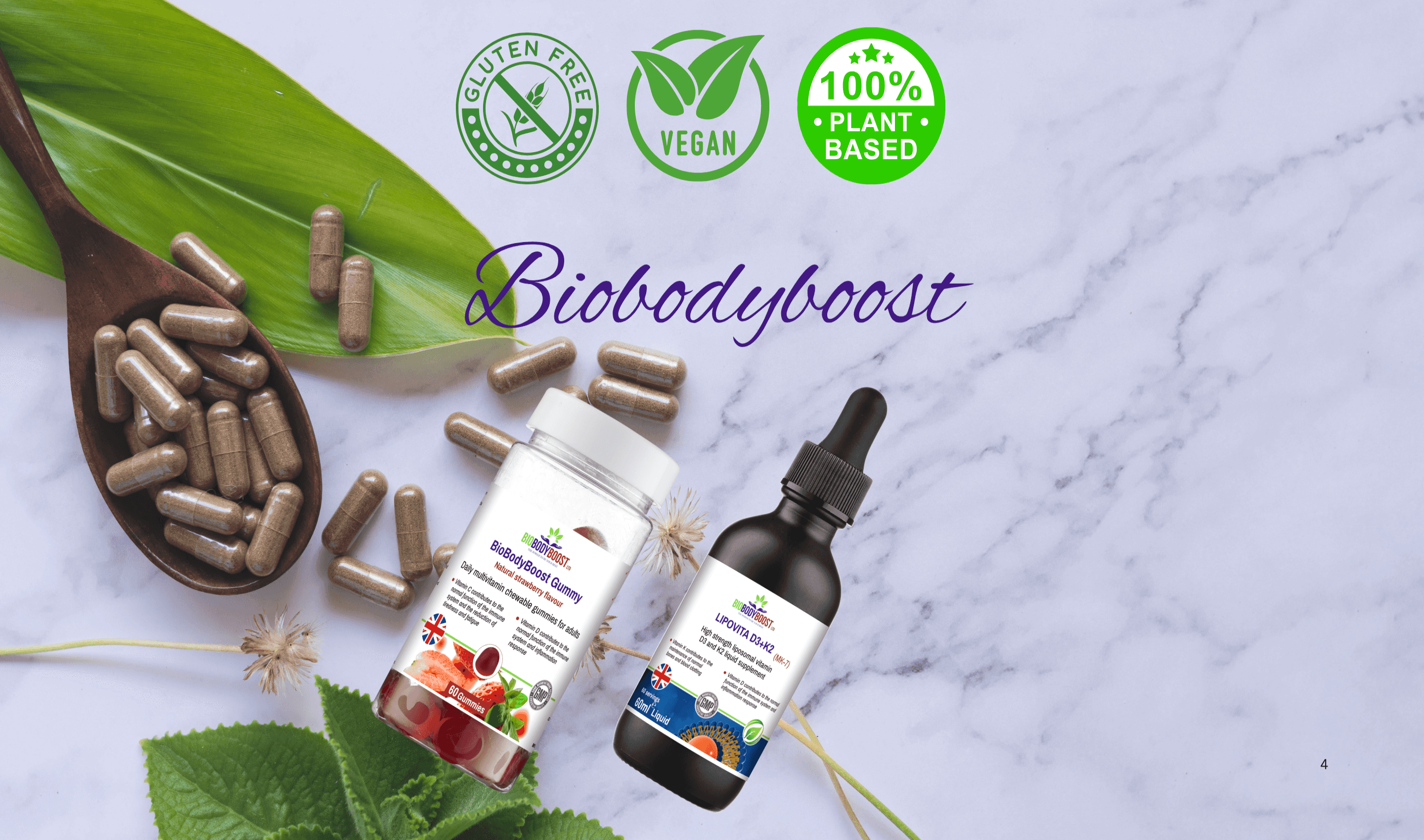 Biobodyboost supplement bottles with capsules and leaves on a marble background