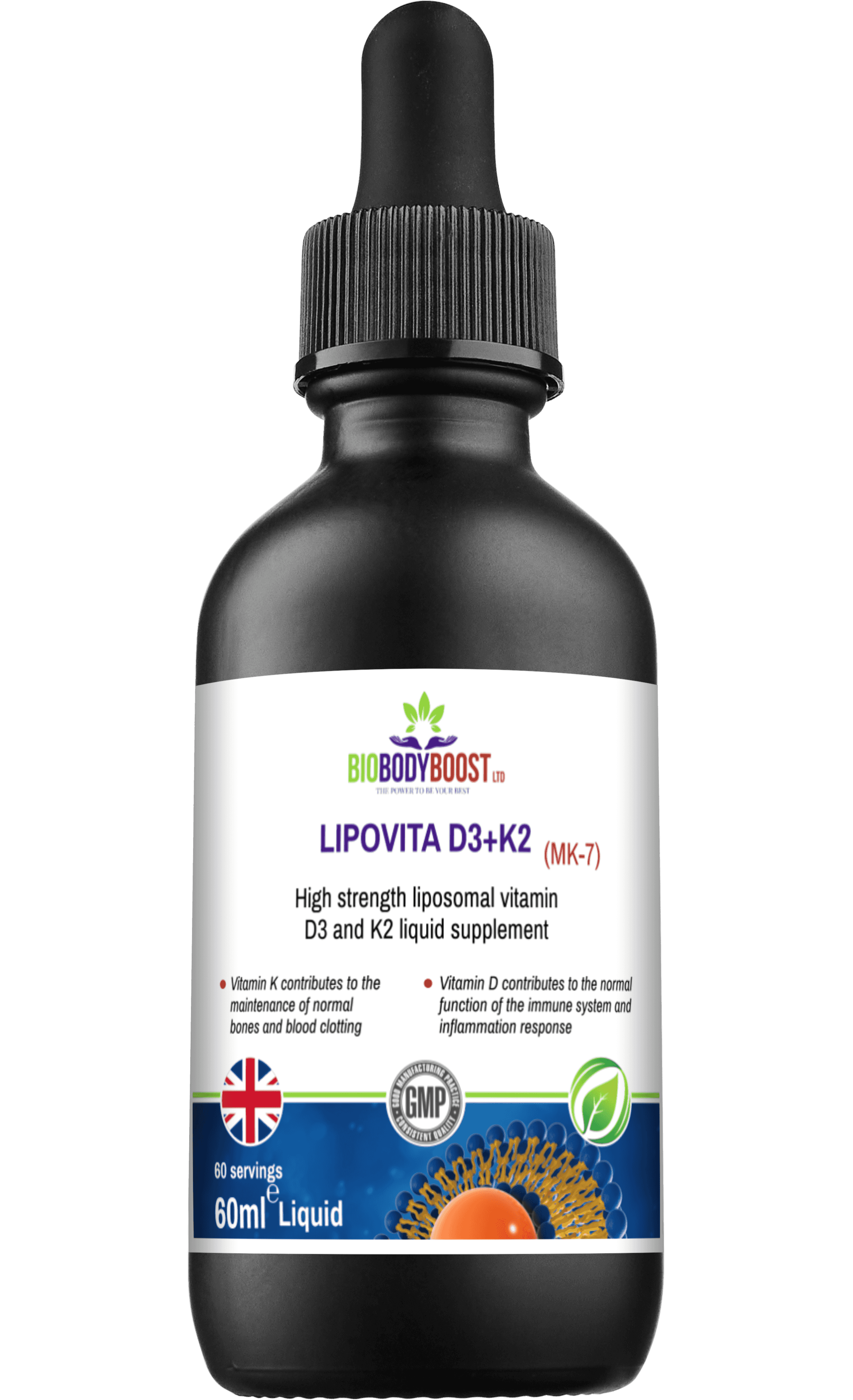 Front view of Lipovita D3 + K2 Drops bottle highlighting vegan formula, UK-made, and GMP certification. Liposomal vitamin D3 K2 for bone and immune health.