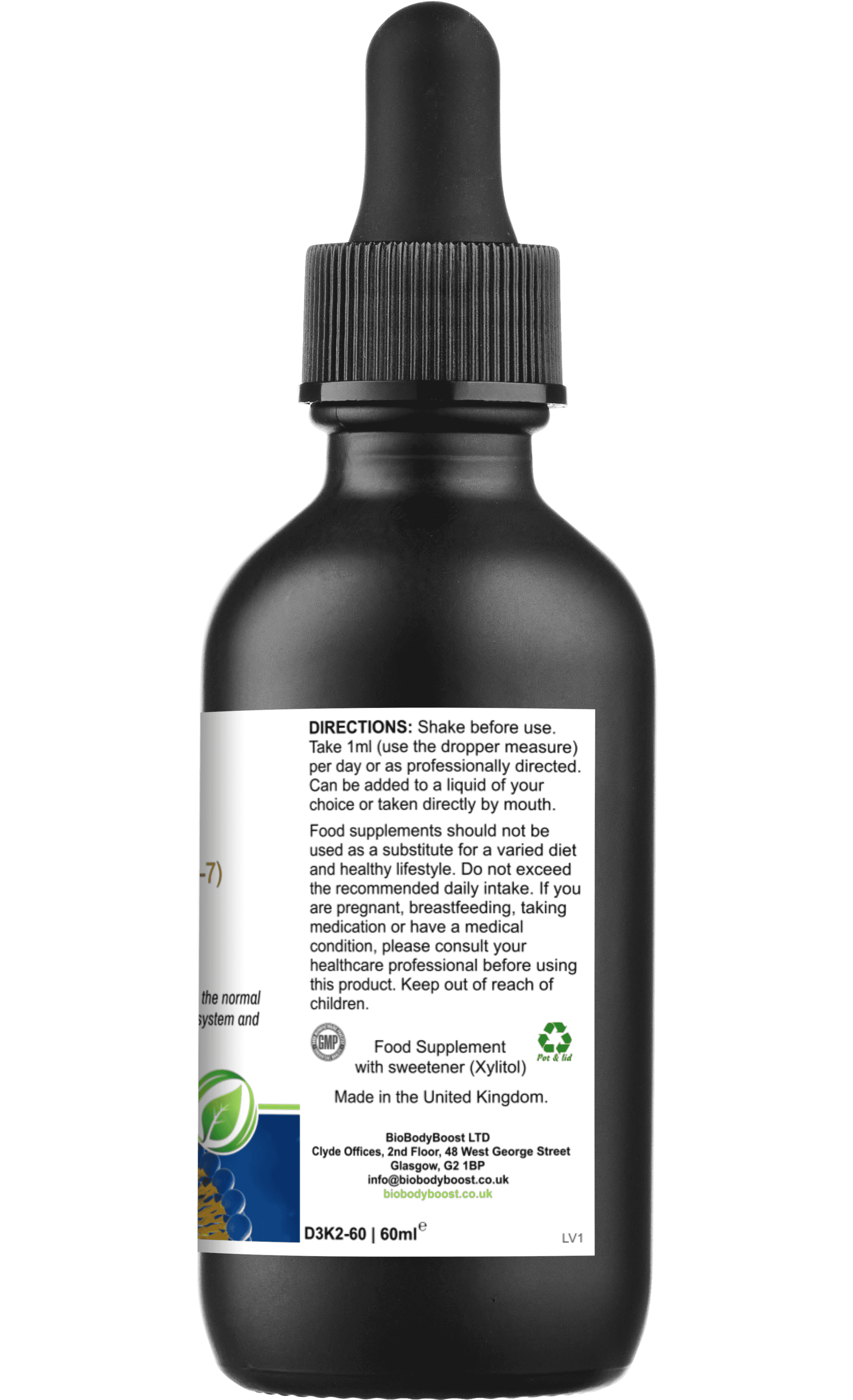 Side label of Lipovita D3 + K2 Drops with usage directions, storage instructions, and manufacturer details. Vegan liposomal vitamin D3 K2 MK7 supplement.