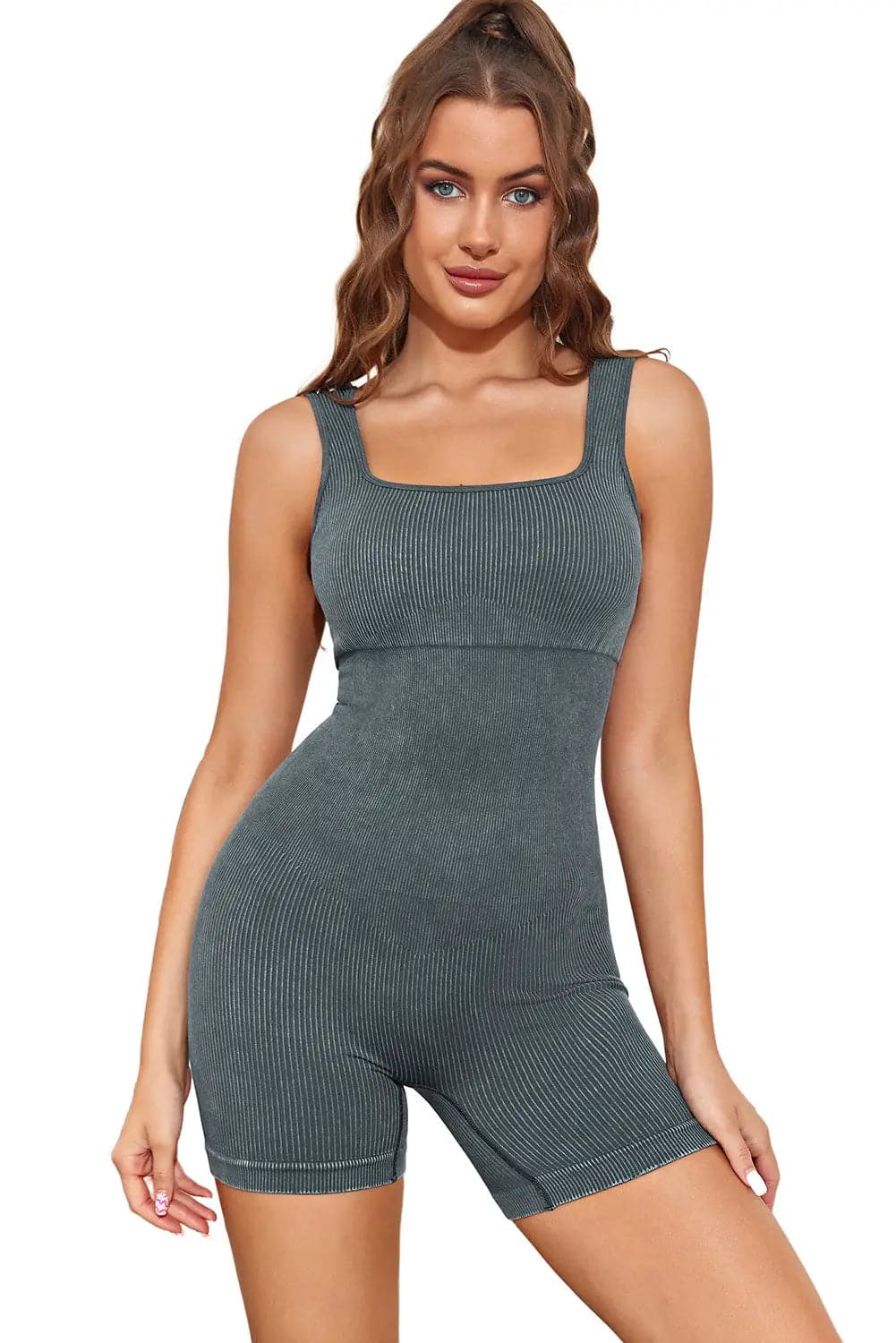 Apricot Ribbed Square Neck Padded Sports Romper - Activewear