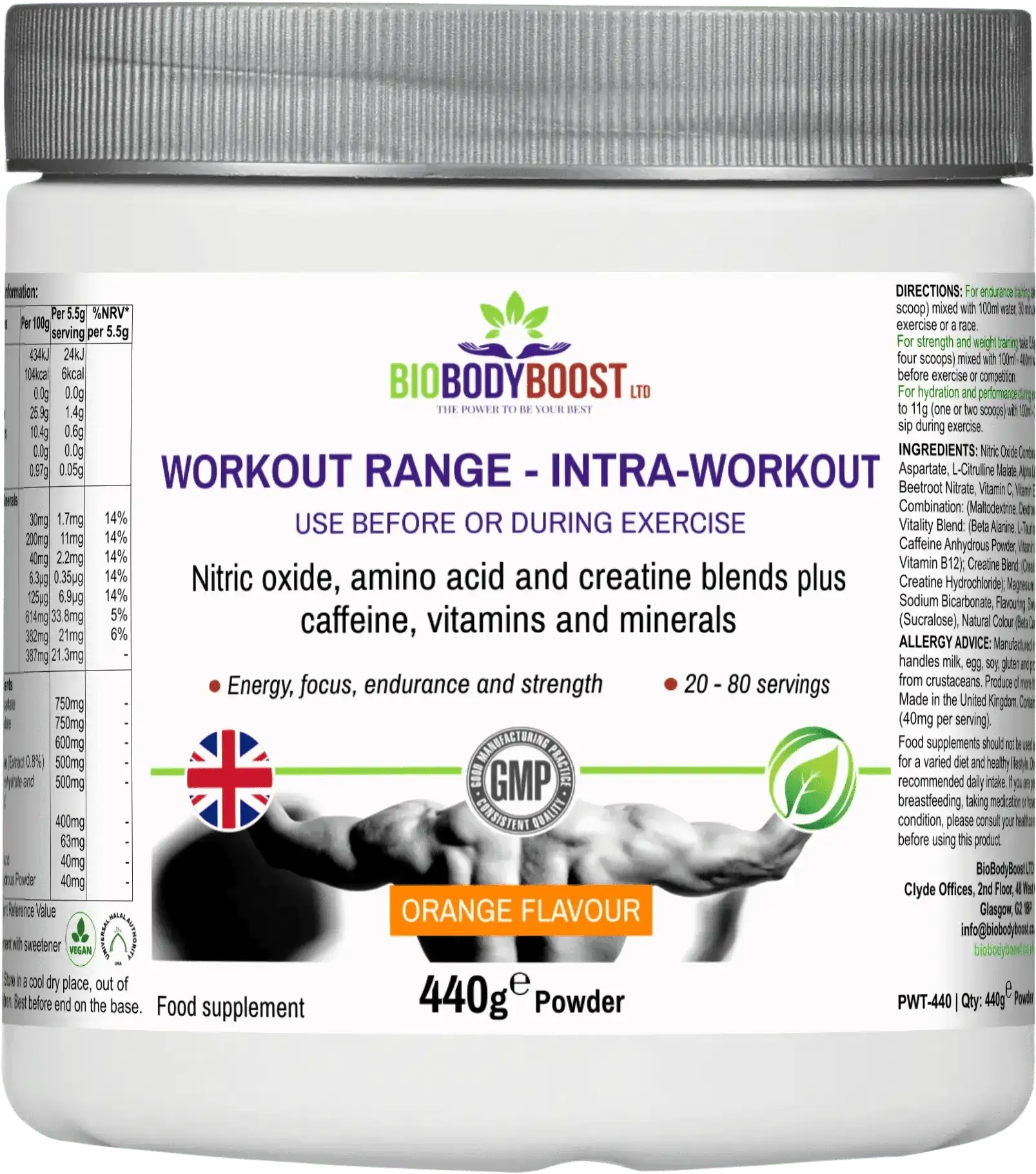 BioBodyBoost Workout Range Intra-Workout Amino Acids and Creatine Blend, 440g orange flavor, supports energy, focus, and strength during exercise.