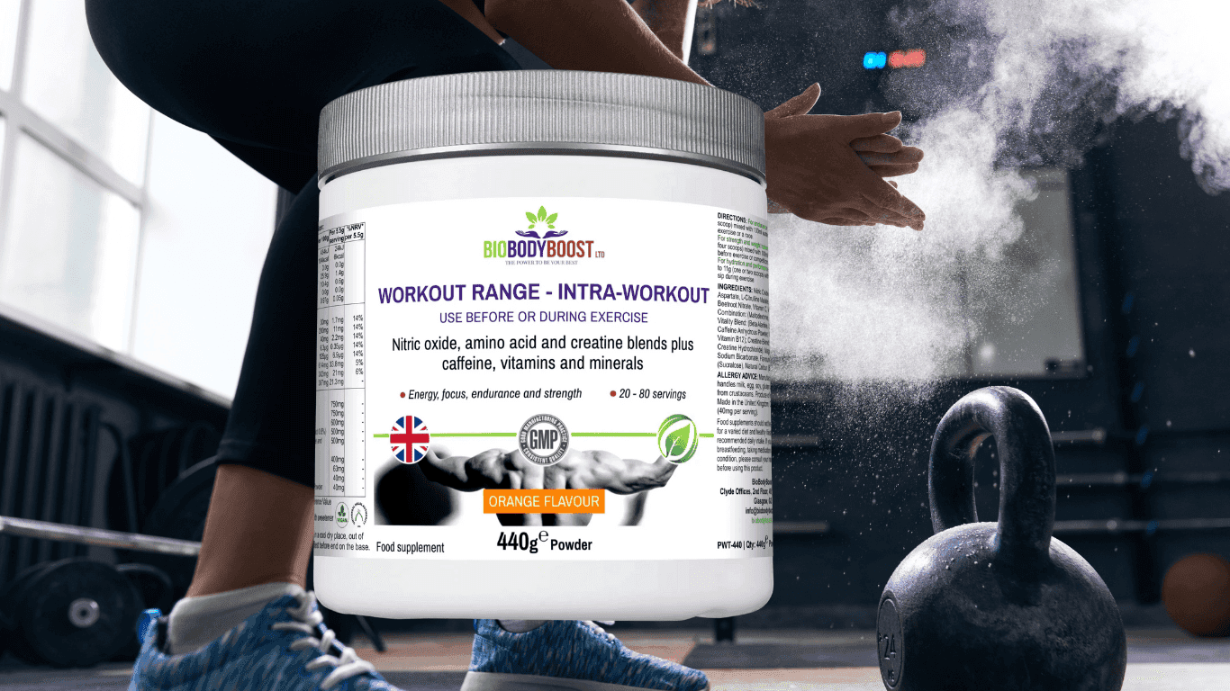 BioBodyBoost Intra-Workout Creatine Blend featured in a gym setting with kettlebell, highlighting performance and endurance benefits for workouts.