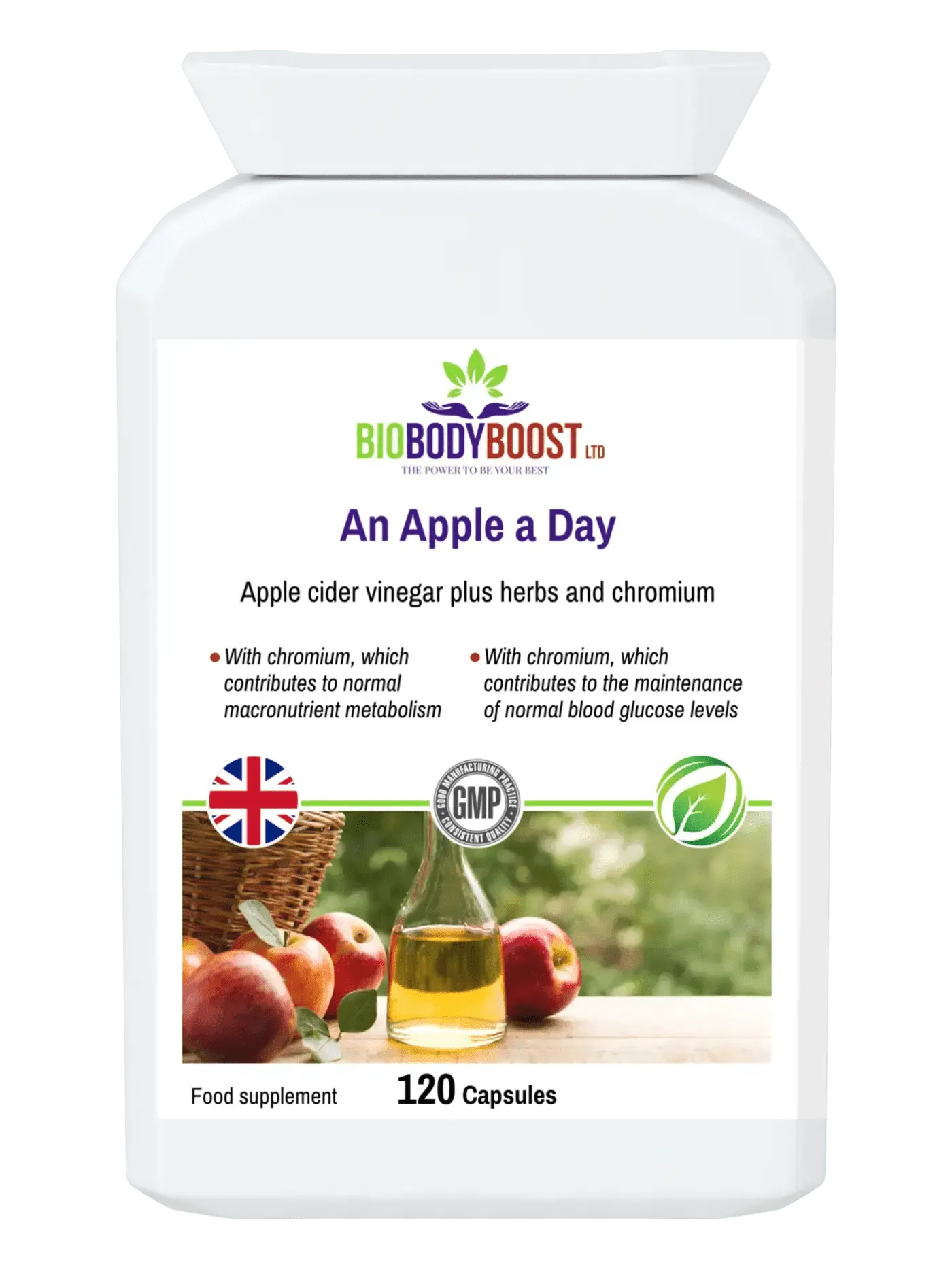 BioBodyBoost Apple Cider Vinegar Capsules with herbs and chromium for metabolism support in 120 count bottle