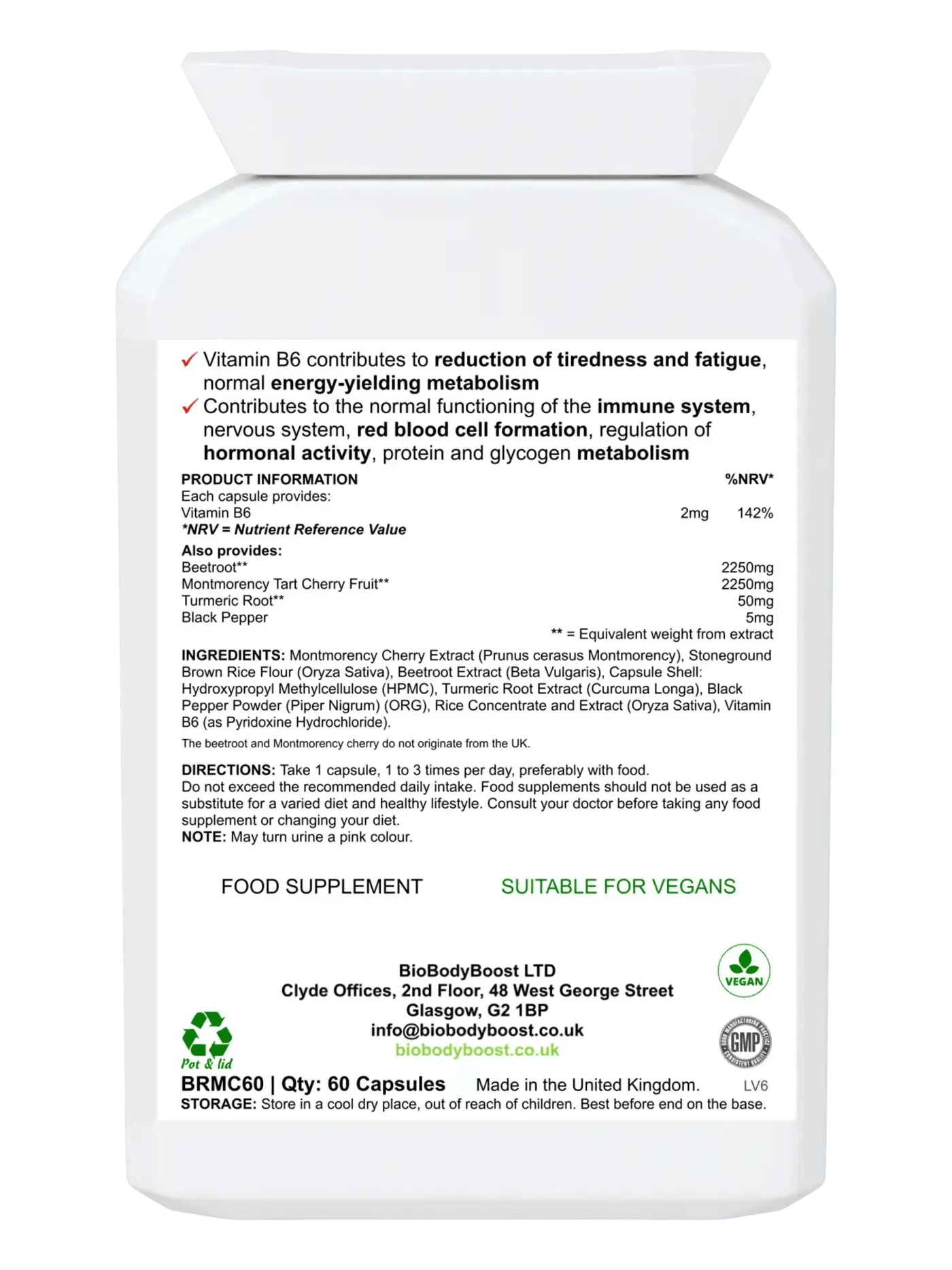 BioBodyBoost Beetroot Cherry Supplement Bottle with Nutritional Information and Vegan Label