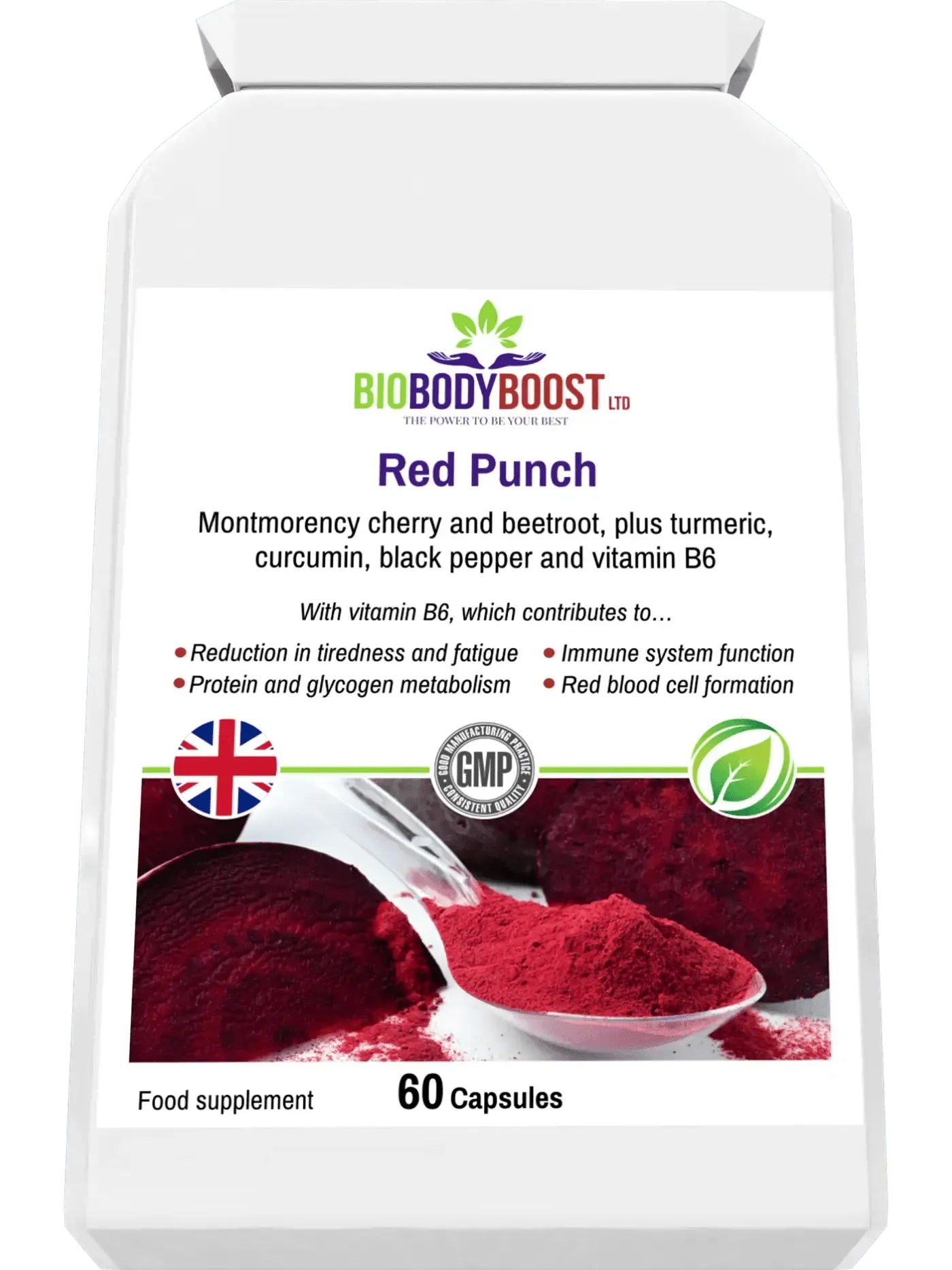 BioBodyBoost Red Punch Food Supplement with Beetroot Cherry Supplement and Vitamin B6 for Energy and Immune Support