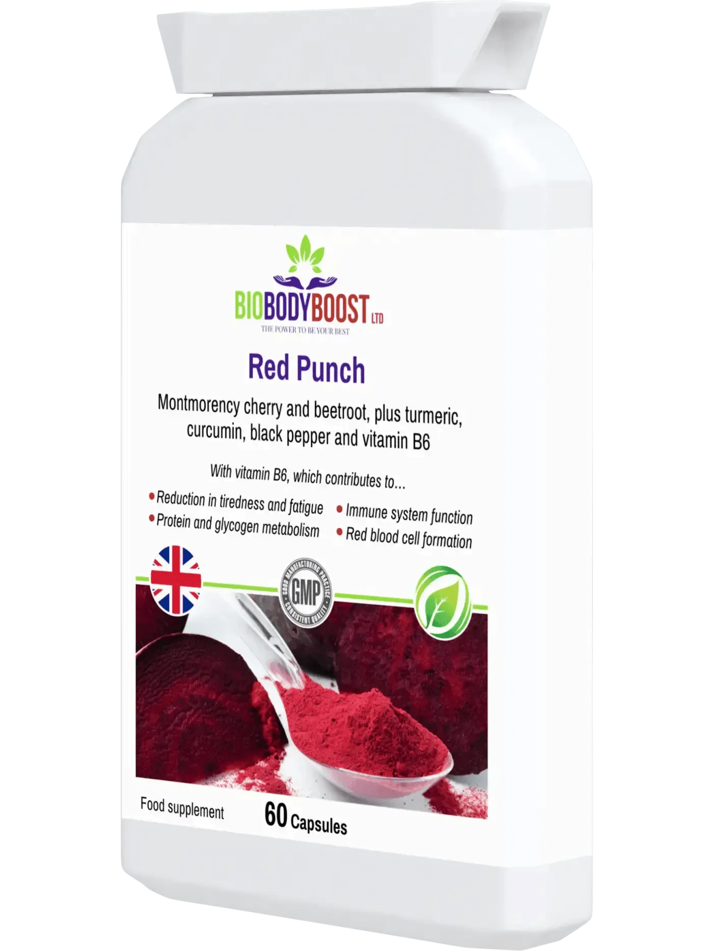 BioBodyBoost Red Punch food supplement with beetroot cherry supplement in 60 capsules for energy and metabolism