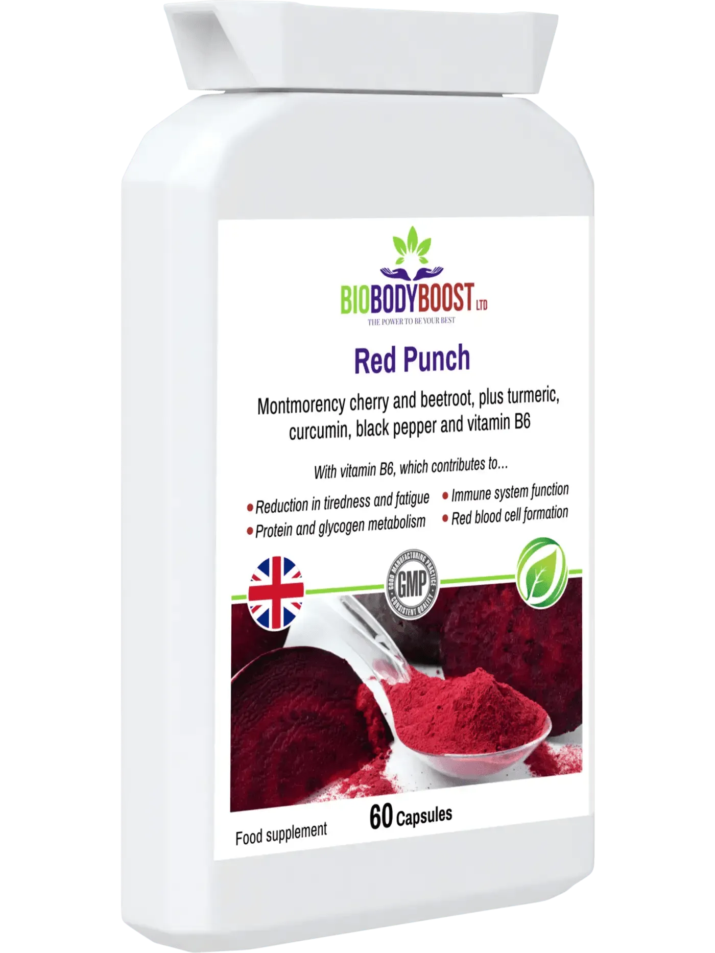 BioBodyBoost Red Punch Food Supplement featuring beetroot cherry supplement in capsule form for energy and immunity
