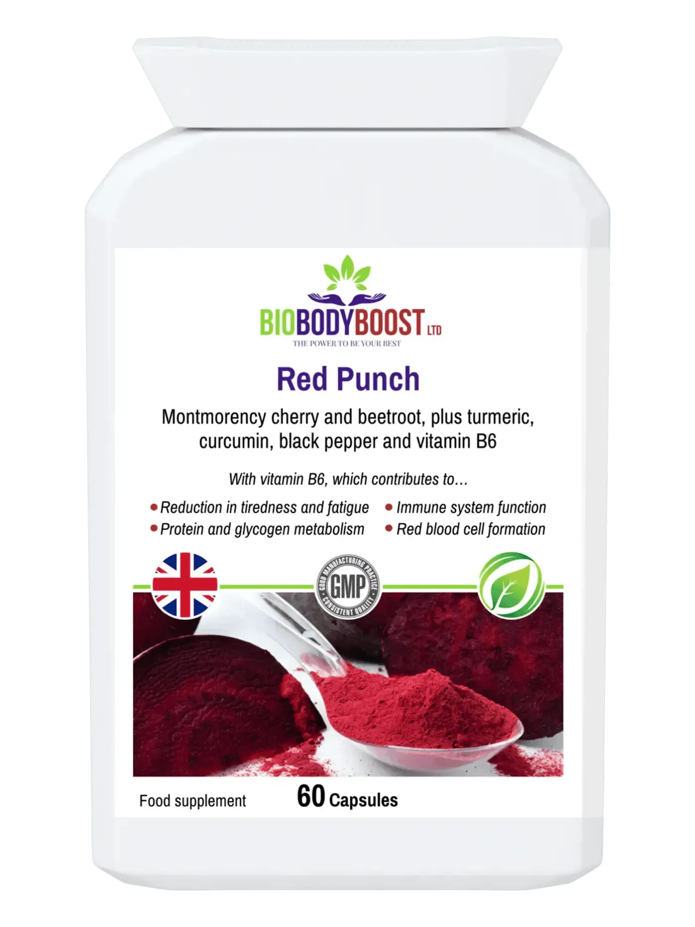 BioBodyBoost Red Punch Beetroot Cherry Supplement in capsule form for energy and recovery