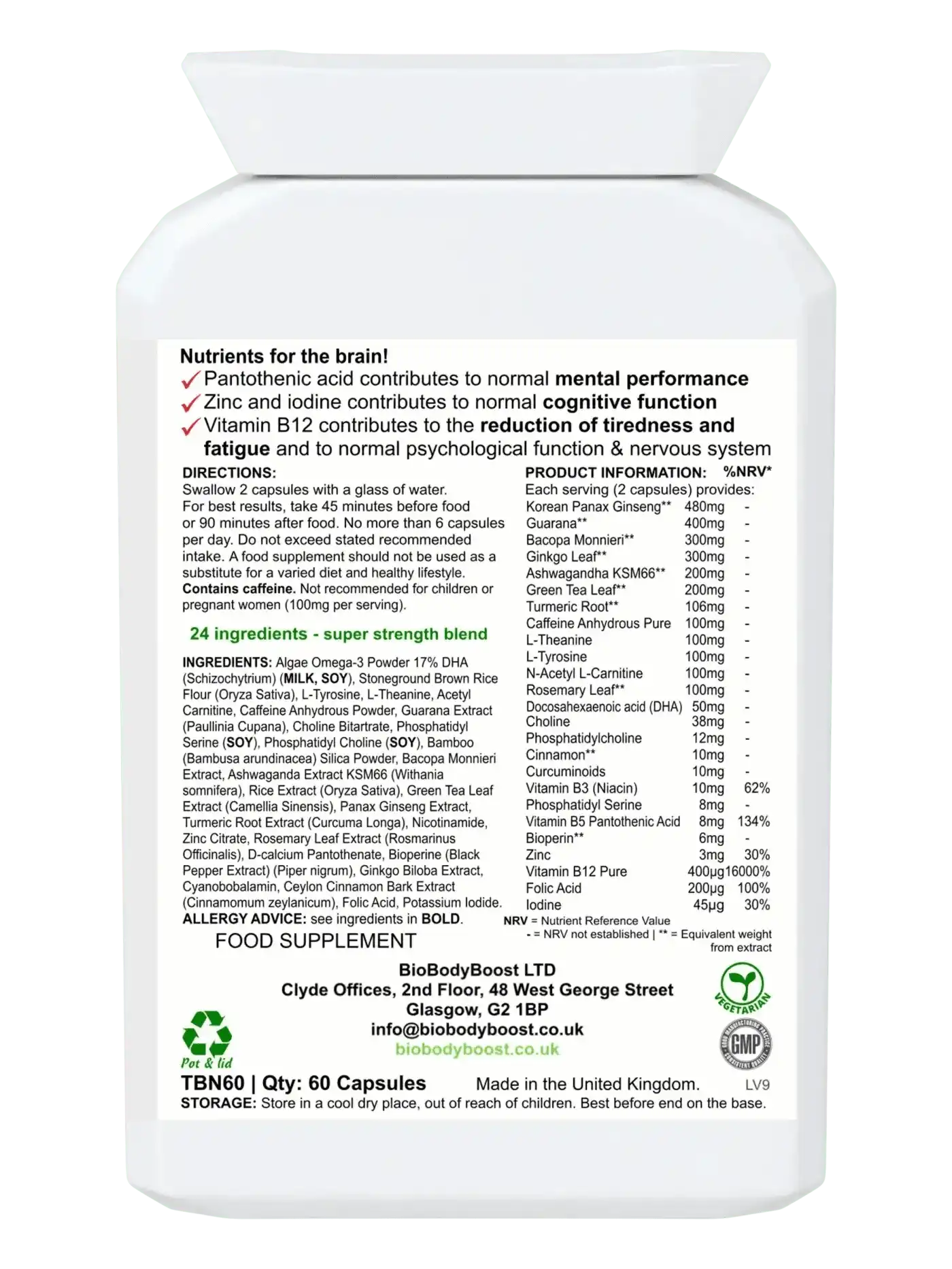BioBodyBoost Brain Supplements BioBrain - Natural Nootropics Supplement
