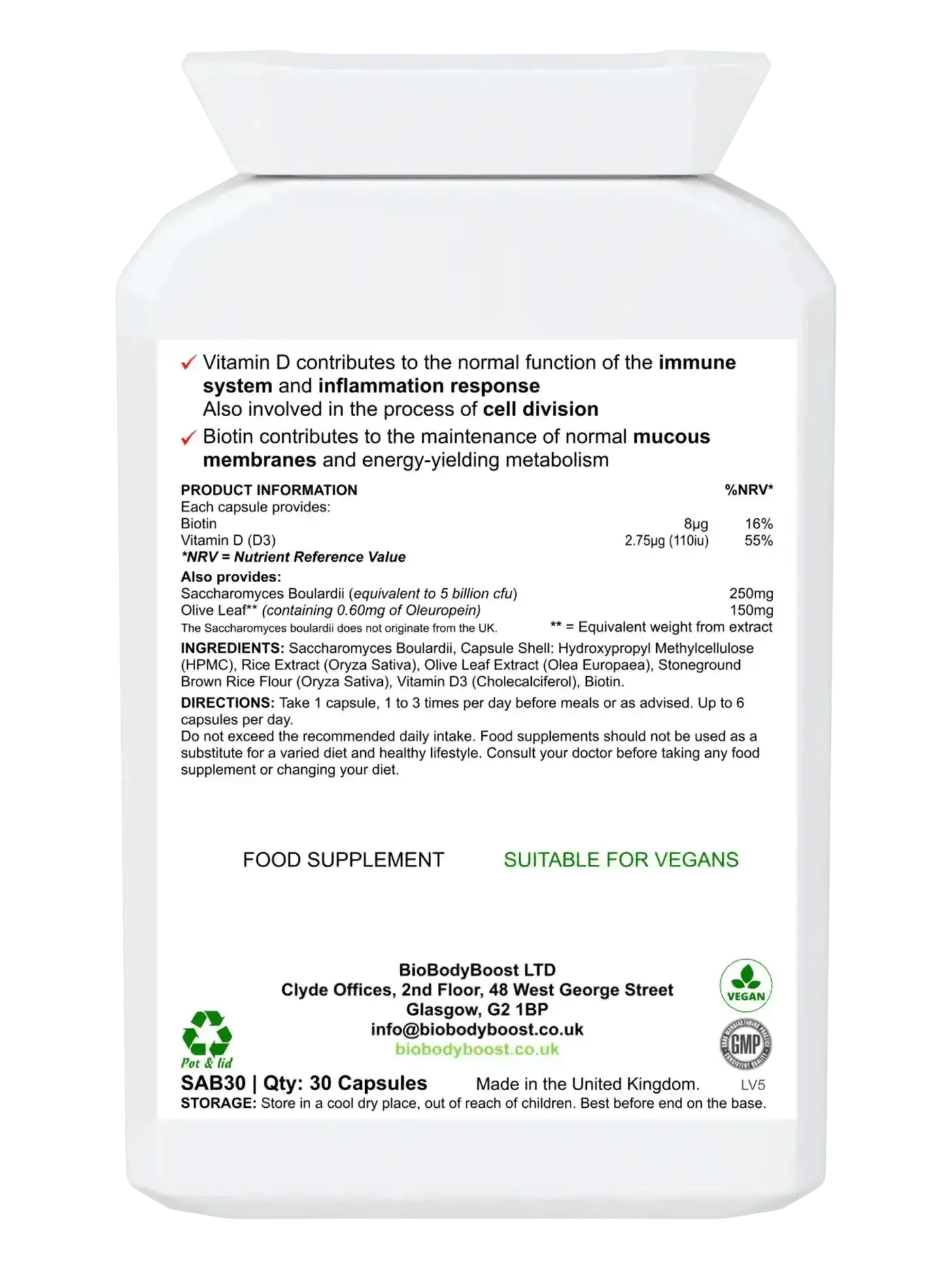 BioBodyBoost Digestive Supplements SaccharoMyTum - Saccharomyces Boulardii & Vitamin D3