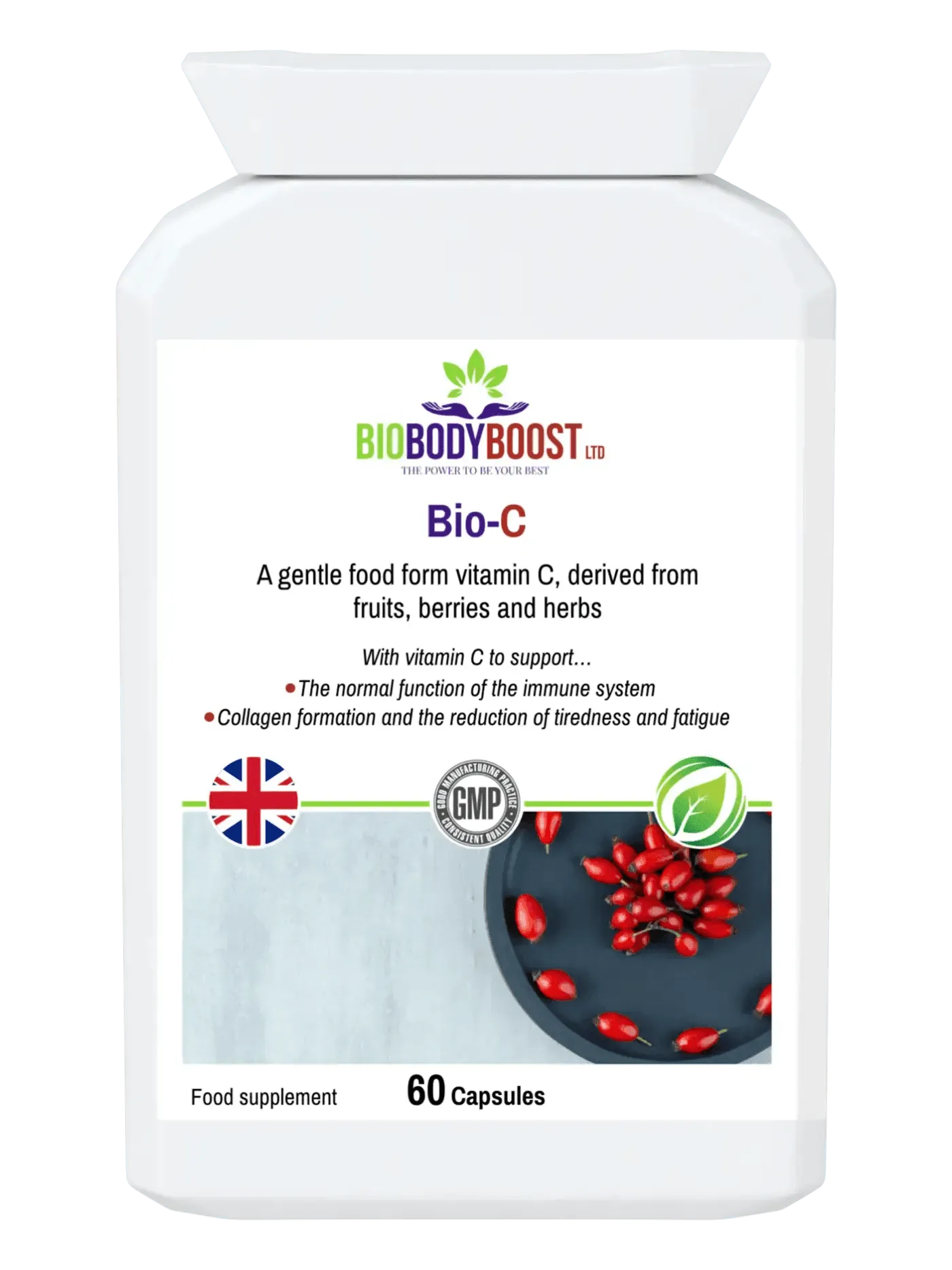BioBodyBoost Bio-C Food Form Vitamin C in a 60-capsule bottle for immune support and collagen formation
