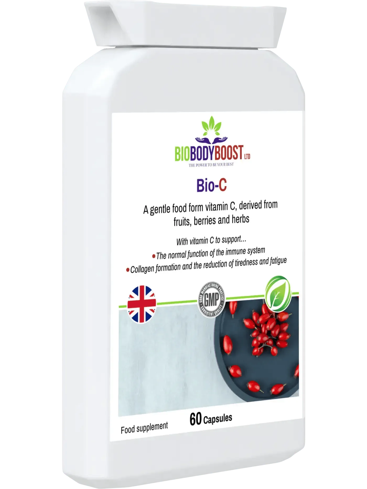 BioBodyBoost Bio-C capsules, a gentle food form Vitamin C for immune support and collagen formation.