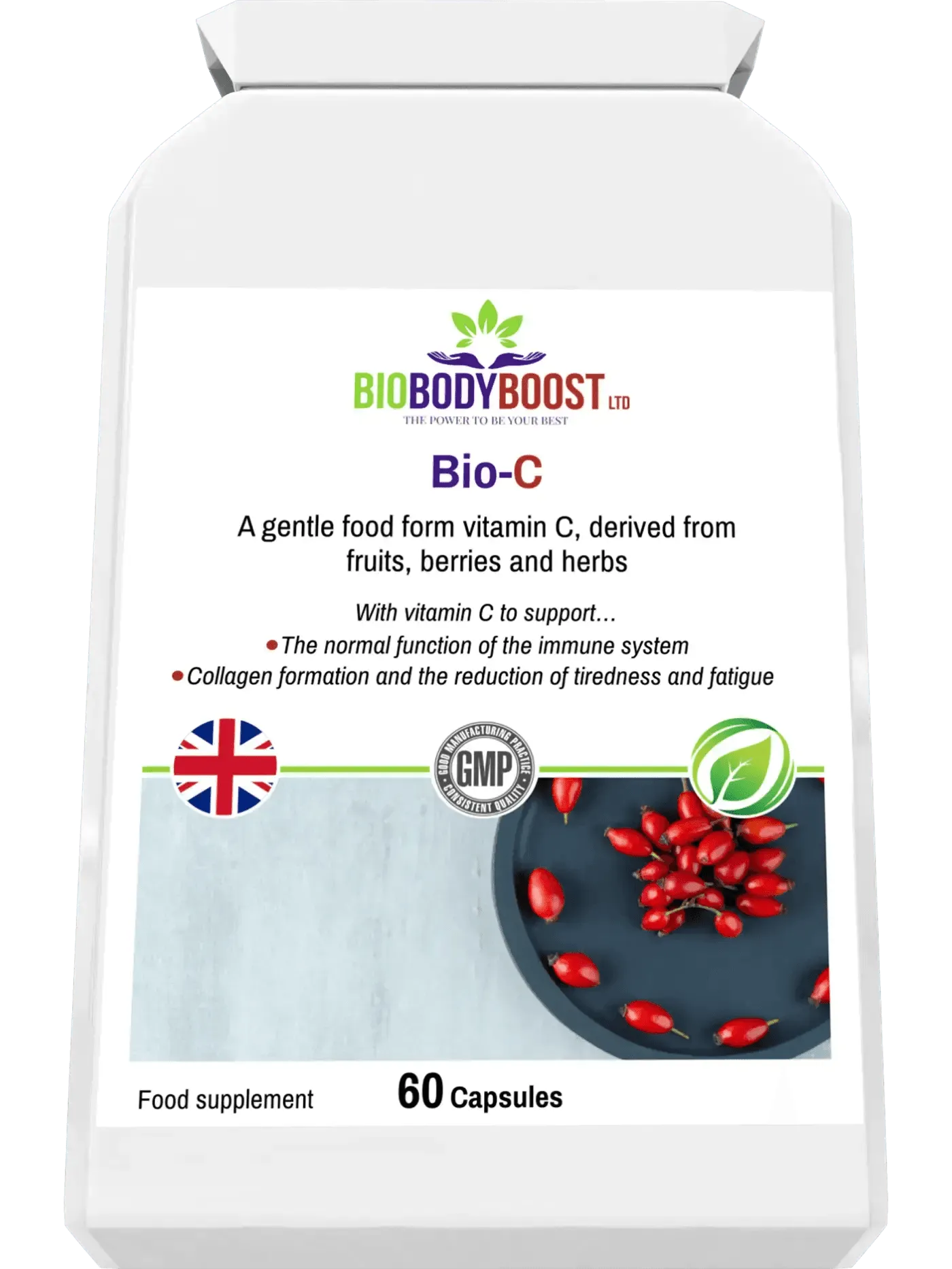 BioBodyBoost Food Form Vitamin C in 60 Capsules for immune support and collagen formation