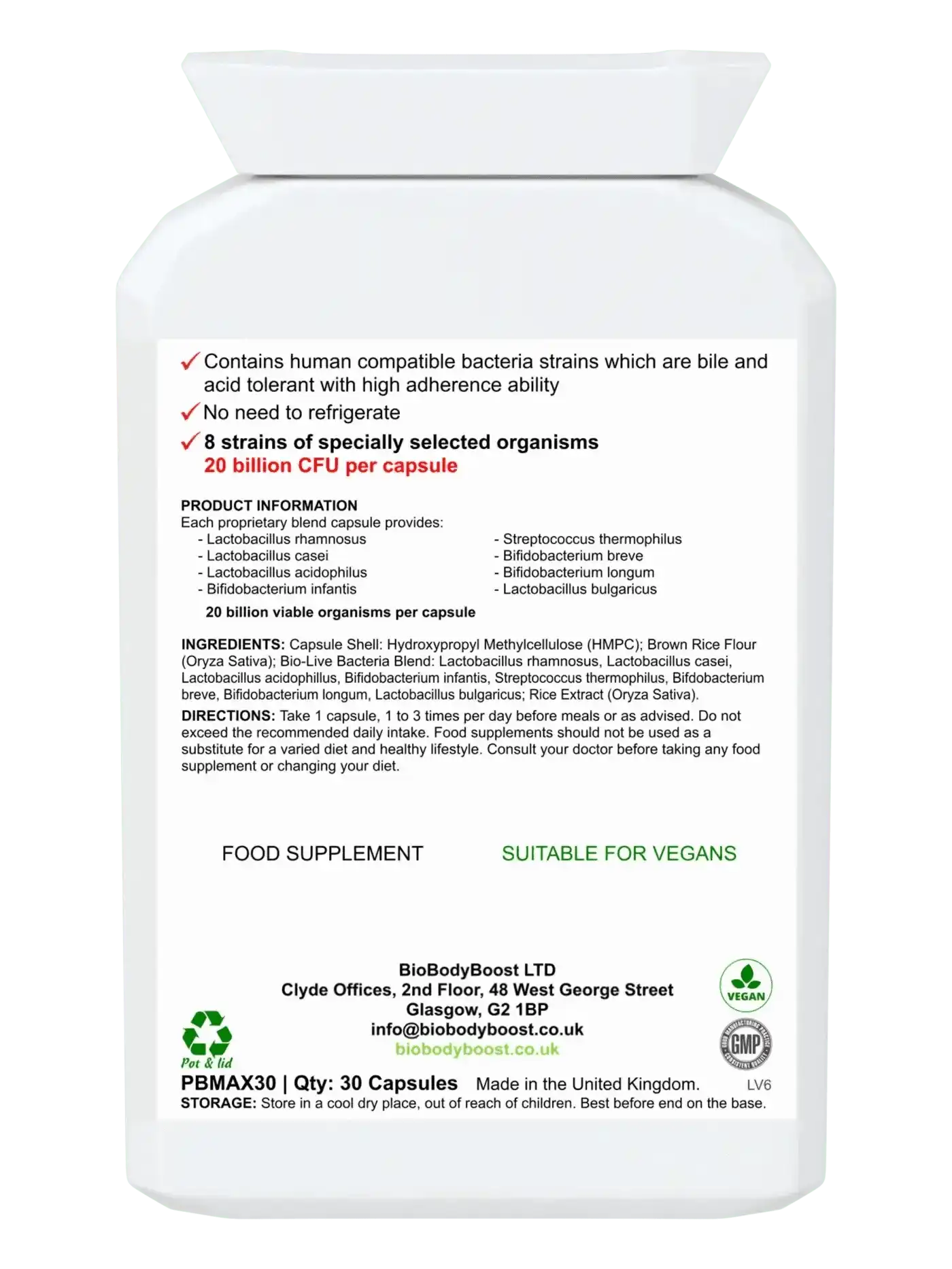 BioBodyBoost Food Supplement BioBodyBoost Vegan Probiotic - 20 Billion Live Cultures