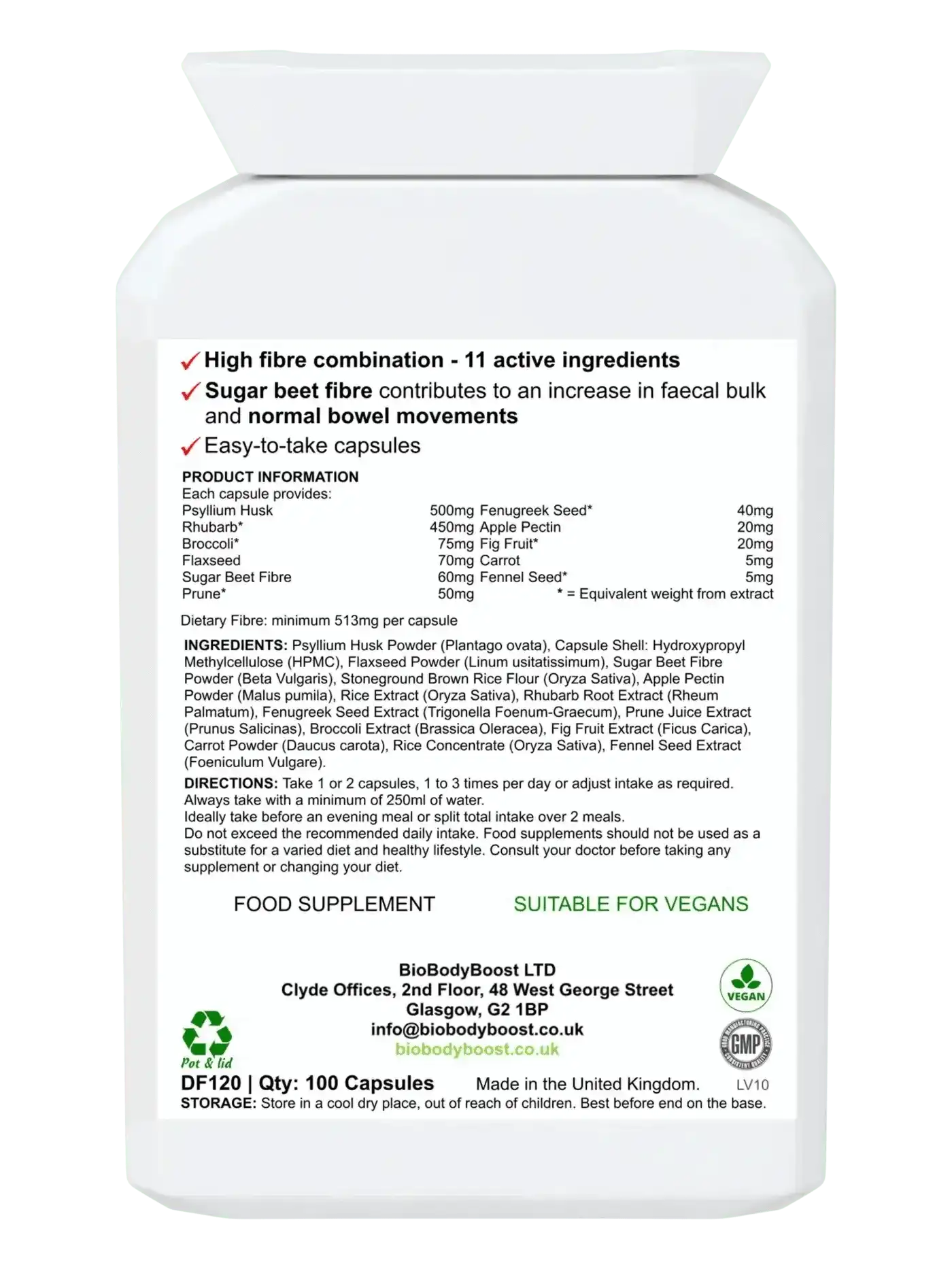BioBodyBoost Food Supplement FibreFix - Psyllium Husk Dietary Fibre