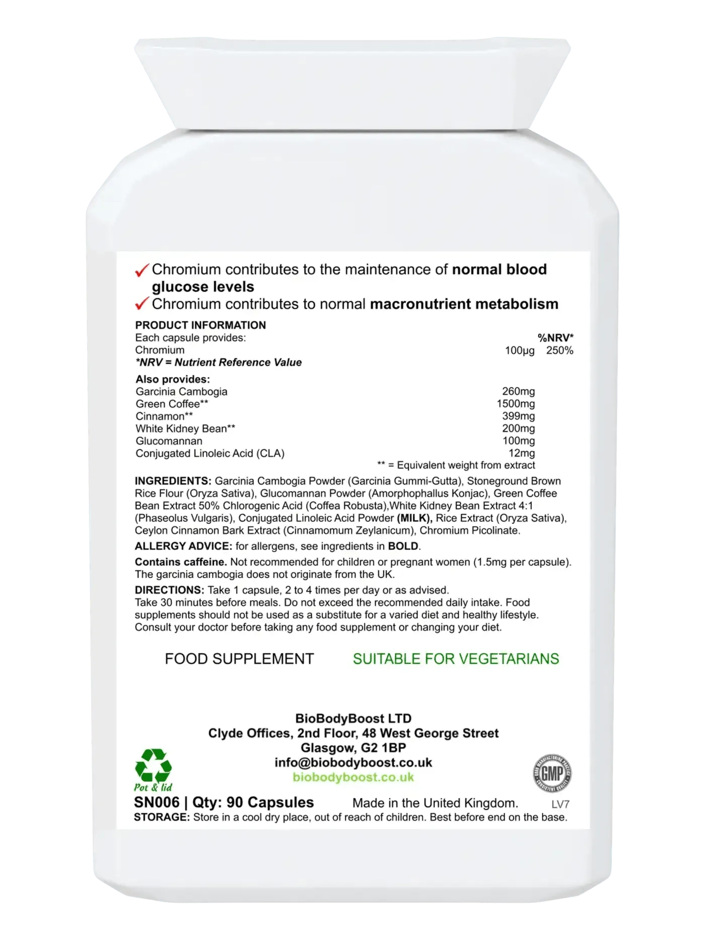 BioBodyBoost Garcinia Cambogia Dietary Supplement Bottle with 90 Vegetarian Capsules for Weight Management