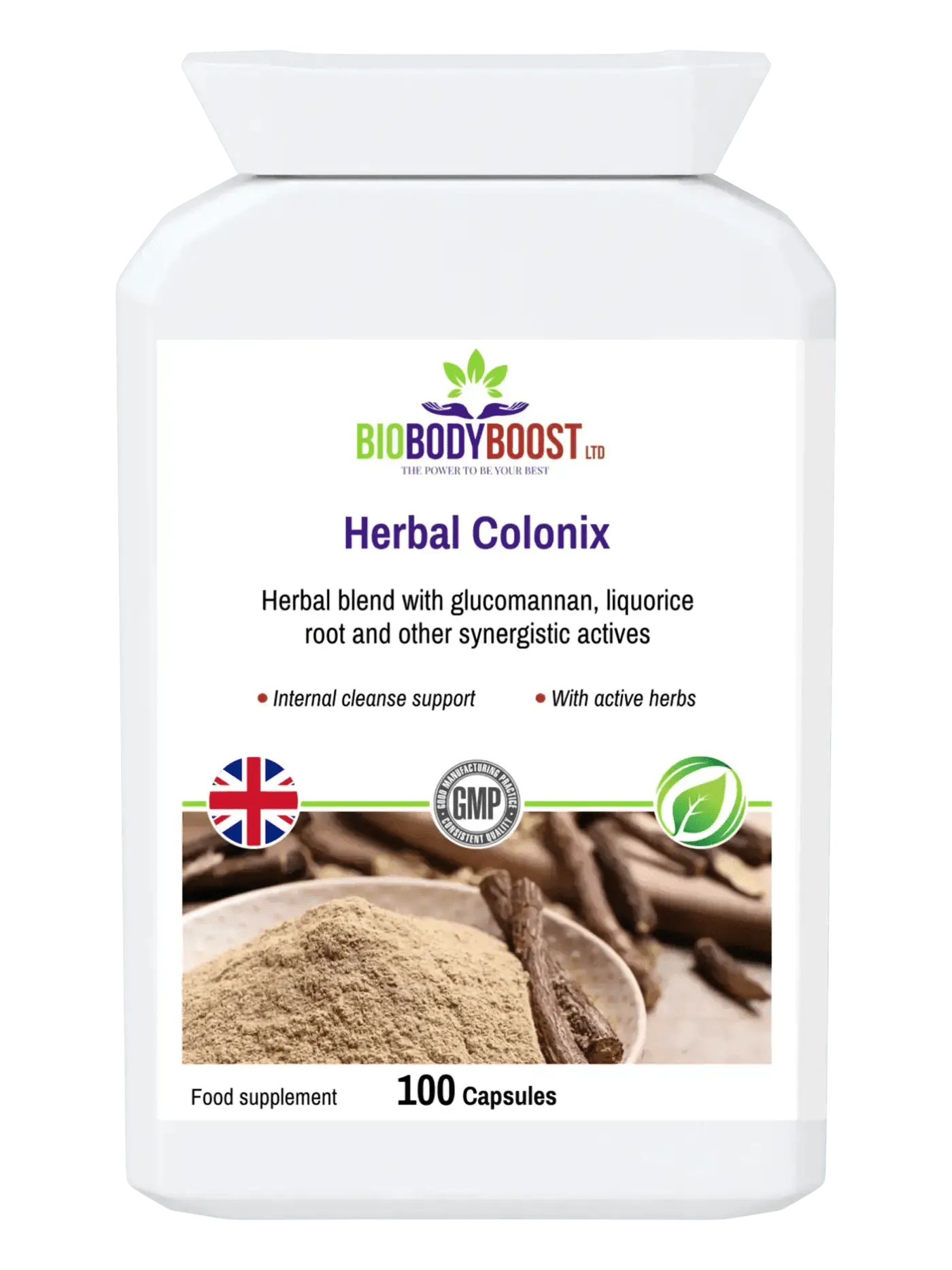BioBodyBoost Herbal Colon Cleanser capsules with glucomannan and licorice root for internal cleanse support