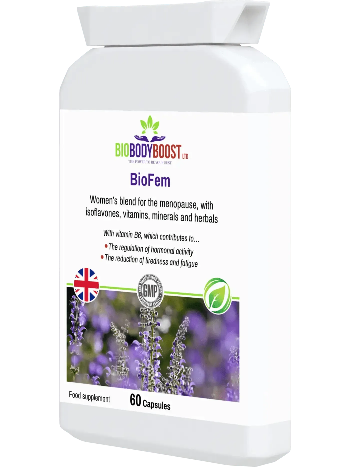 BioBodyBoost BioFem Herbal Menopause Supplement with vitamins and minerals in a 60-capsule bottle