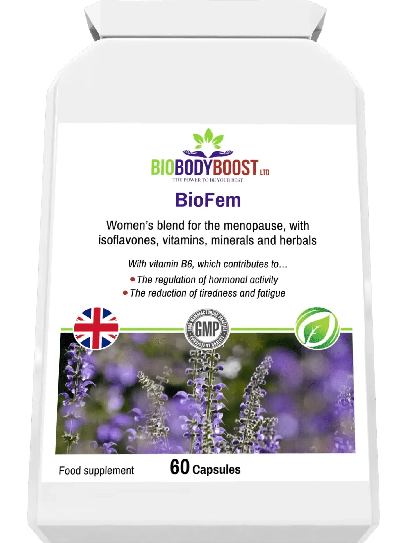 BioBodyBoost BioFem Herbal Menopause Supplement with vitamins and minerals in a 60 capsule pack
