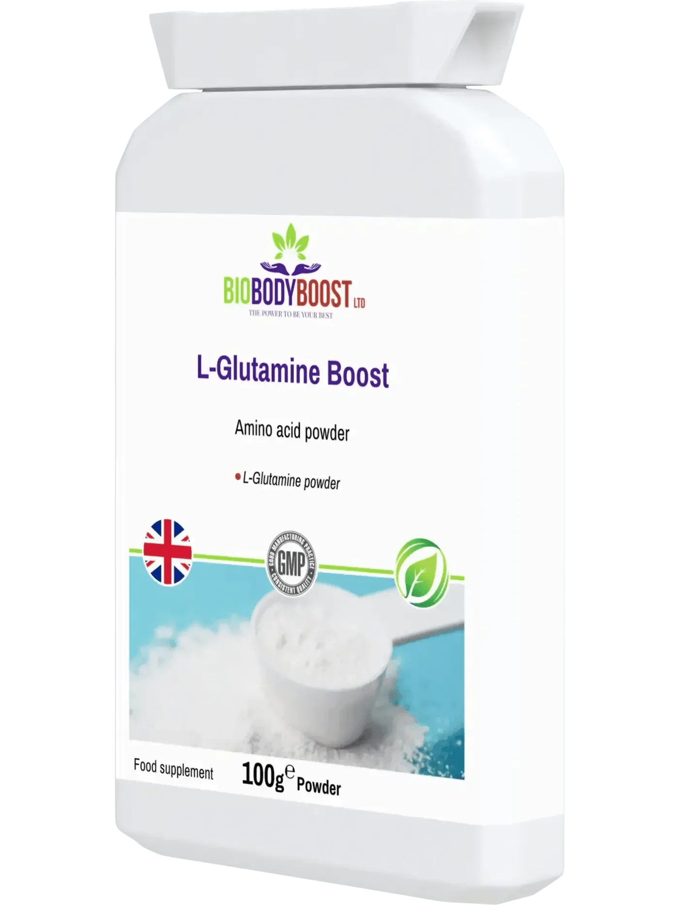 BioBodyBoost L-Glutamine Boost Amino Acid Powder in 100g package for muscle recovery