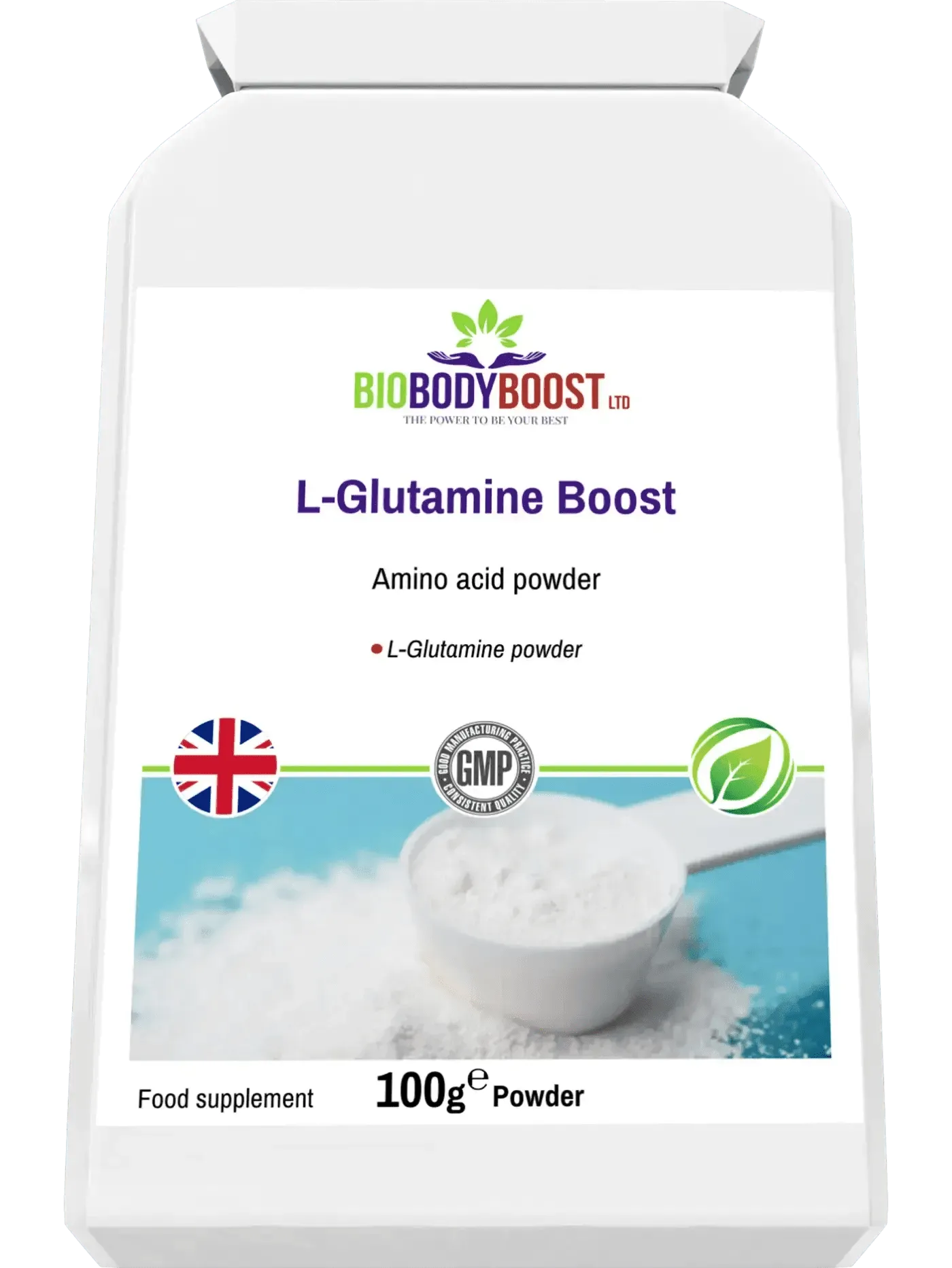 BioBodyBoost L-Glutamine Boost Amino Acid Powder in a 100g package for muscle recovery and support