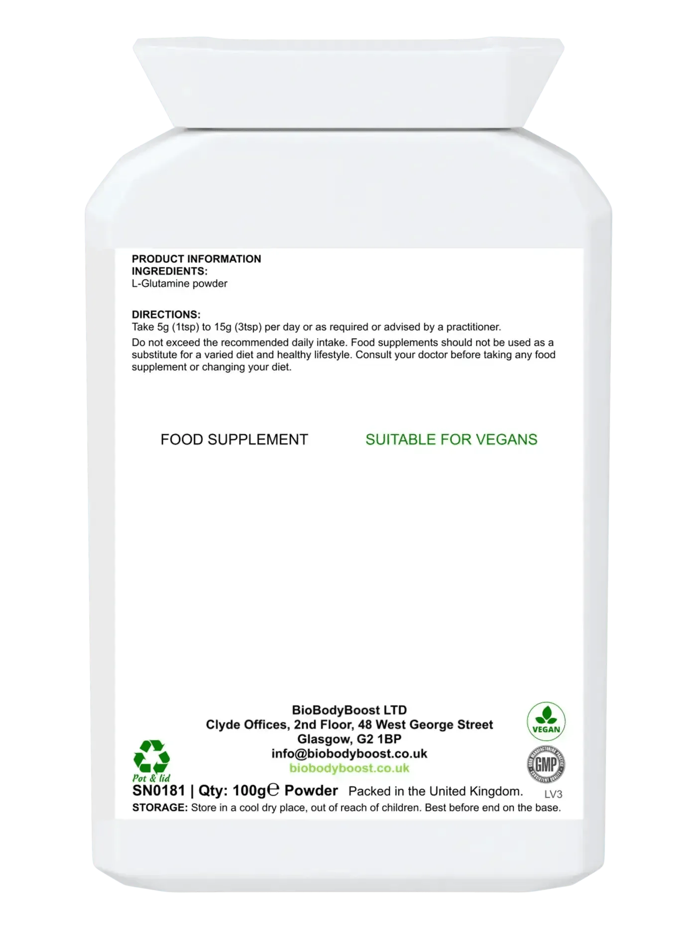 BioBodyBoost L-Glutamine Powder in white container, suitable for vegans and packed in the UK
