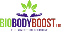 Logo featuring purple hands holding a green leaf design above multicolored text "BIOBODYBOOST LTD" with a tagline underneath