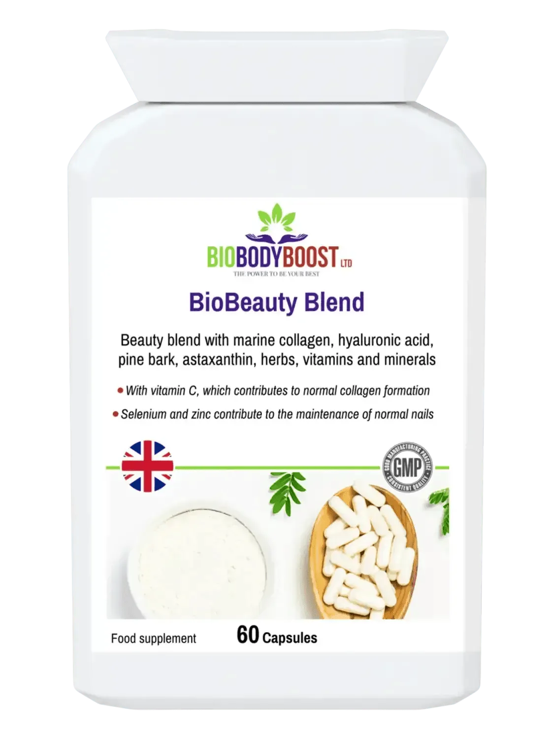 BioBodyBoost BioBeauty Blend with marine collagen complex, vitamins, and minerals for healthy skin and nails