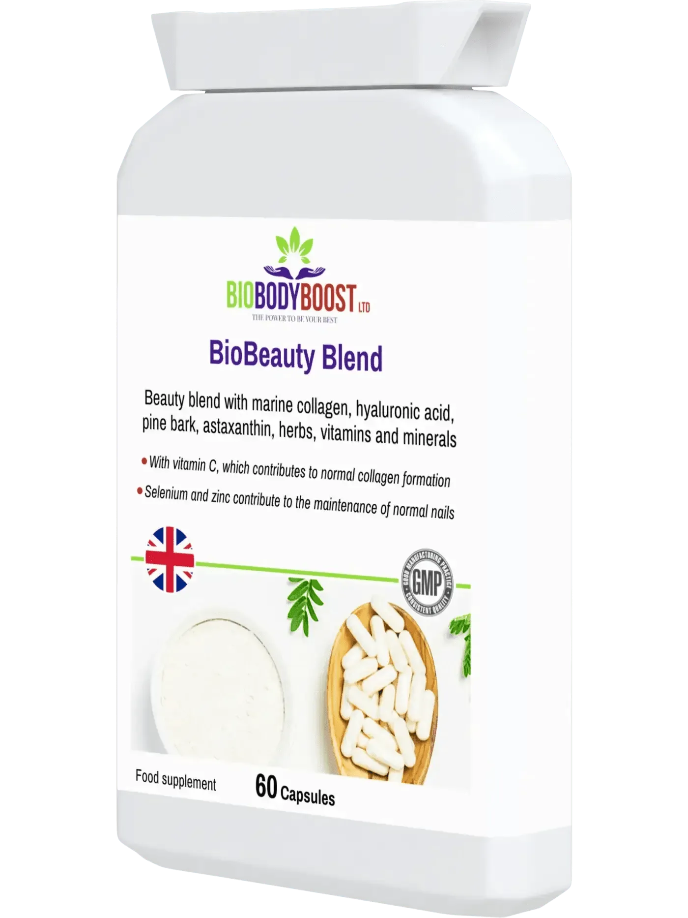 BioBodyBoost BioBeauty Blend with marine collagen complex, hyaluronic acid, and vitamins for healthy skin and nails