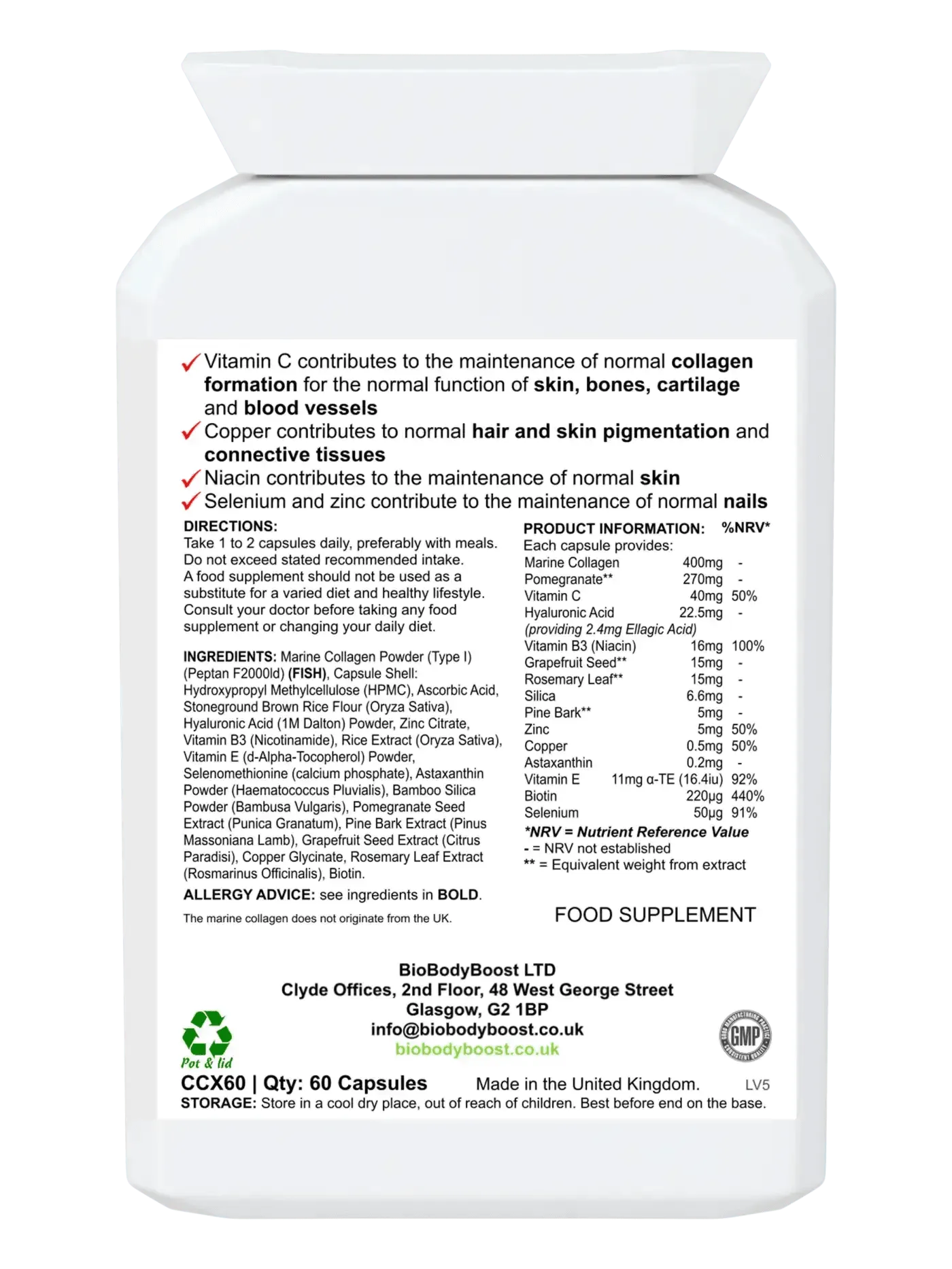 BioBodyBoost marine collagen complex capsules for skin, bones, and joint health with essential nutrients
