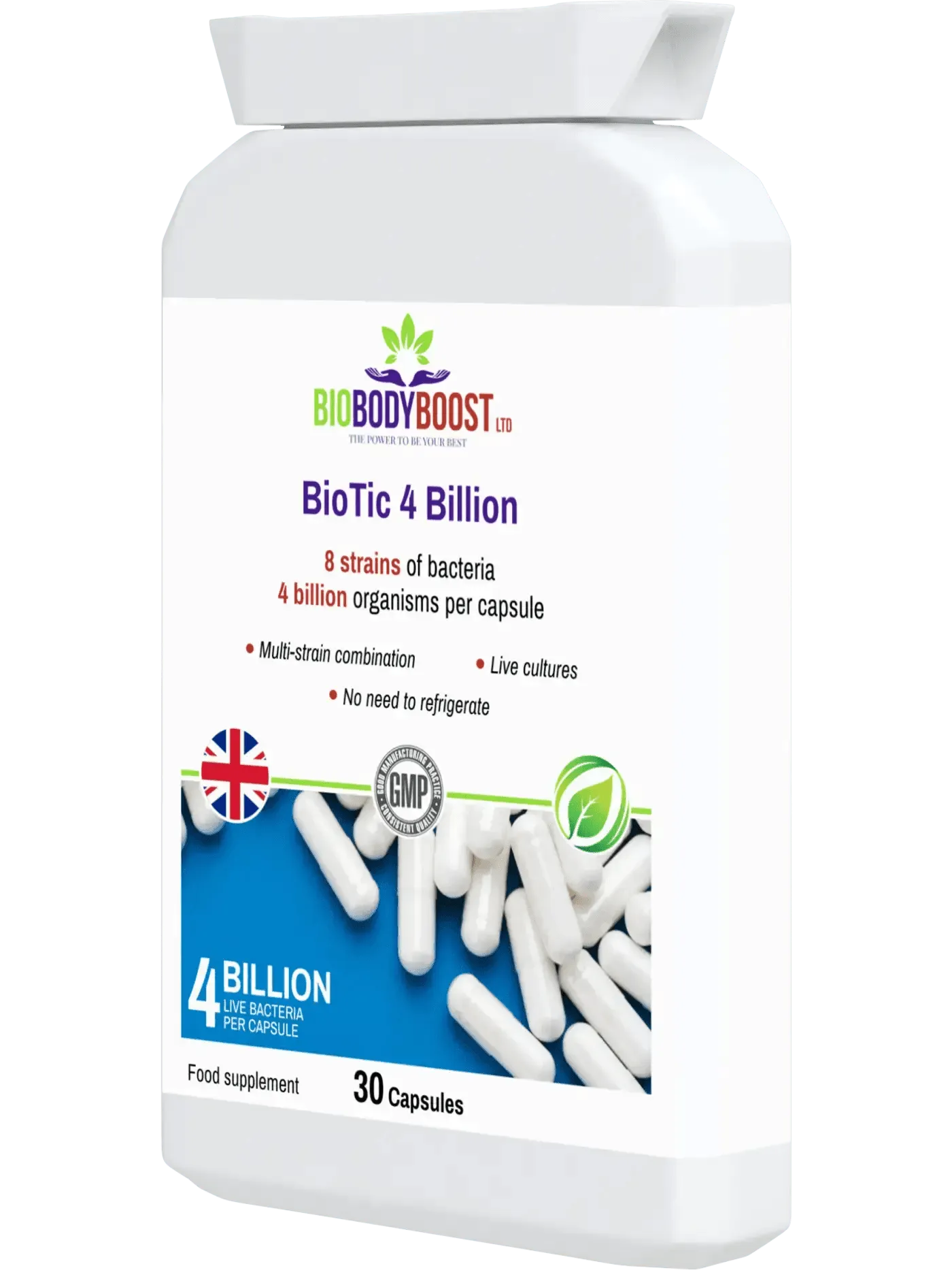 BioBodyBoost Multi-Strain Probiotic with 8 bacterial strains and 4 billion organisms per capsule, 30 count