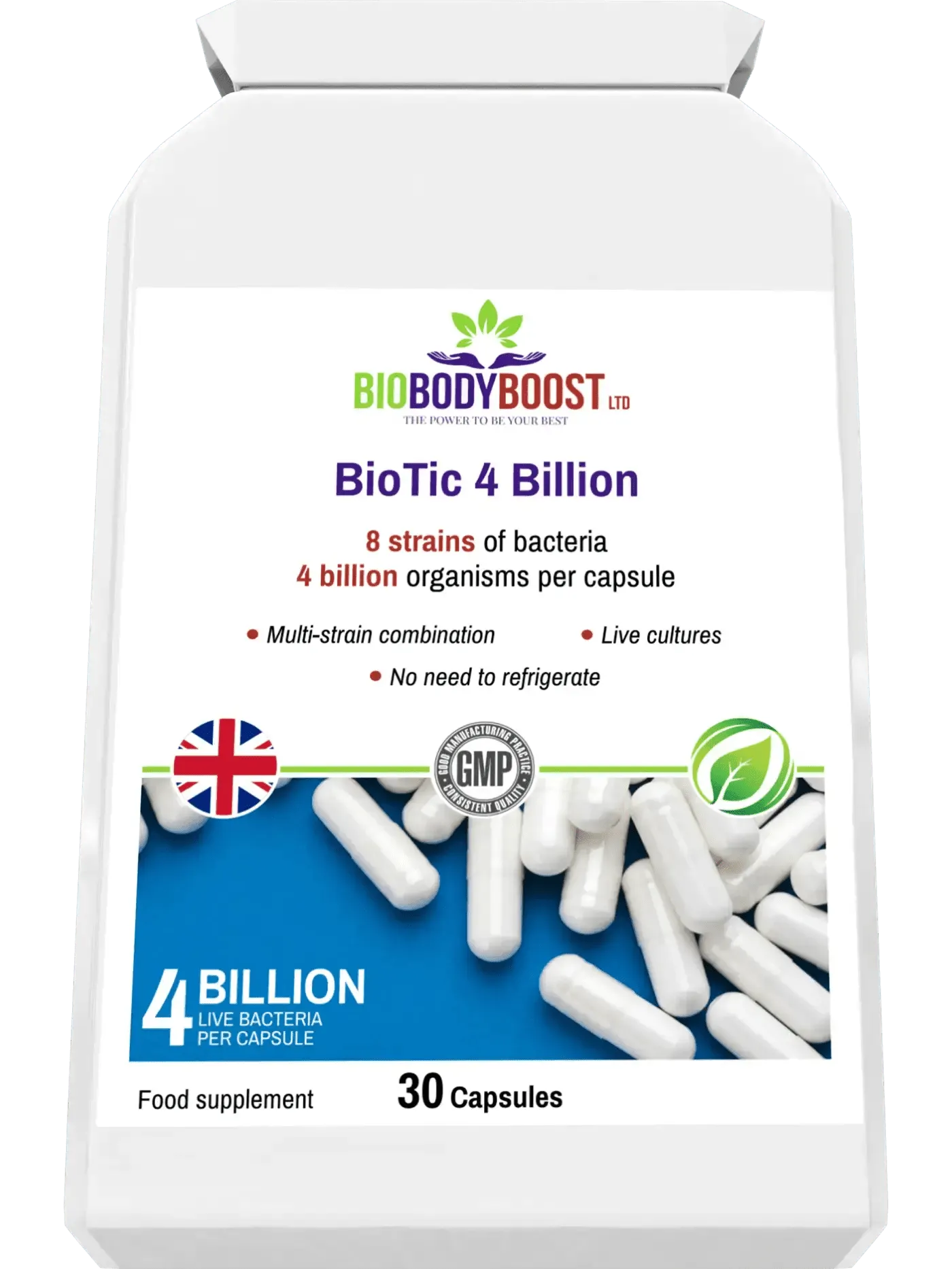 BioBodyBoost BioTic 4 Billion Multi-Strain Probiotic with 4 billion organisms per capsule for digestive health