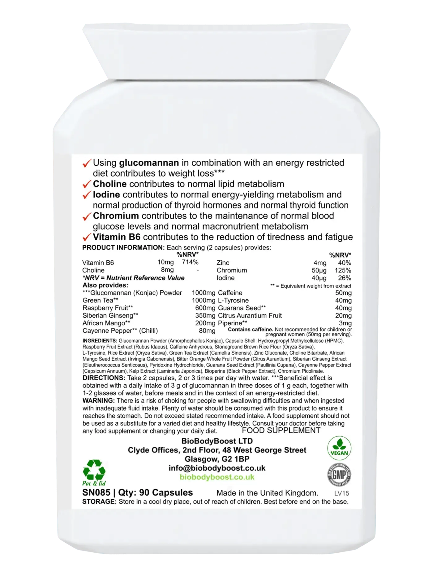 BioBodyBoost natural appetite suppressant supplement in a white bottle with 90 capsules for weight loss support