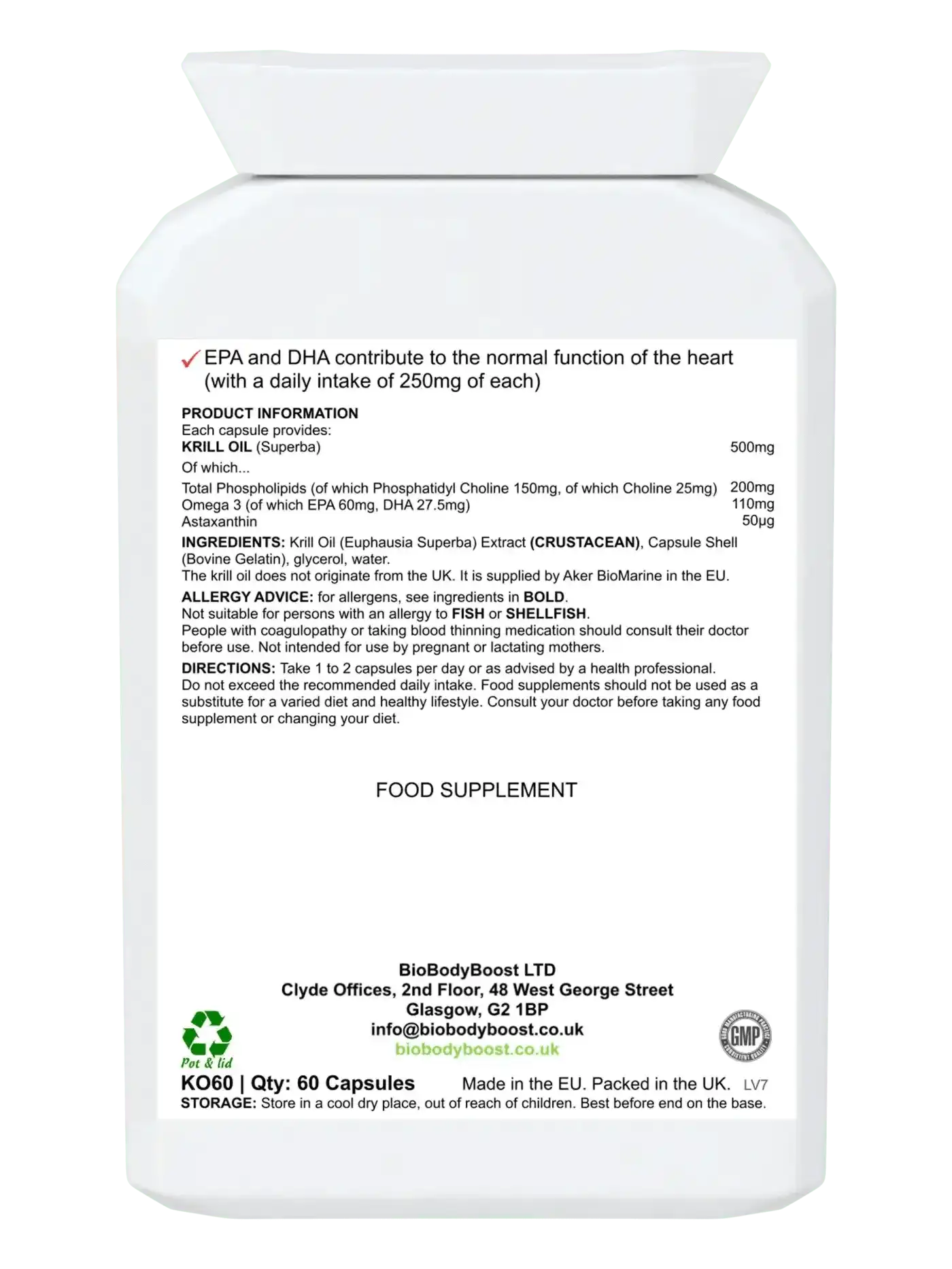 BioBodyBoost Omega Oils AstaxaKrill Antarctic Krill Oil 500mg - 60 Capsules