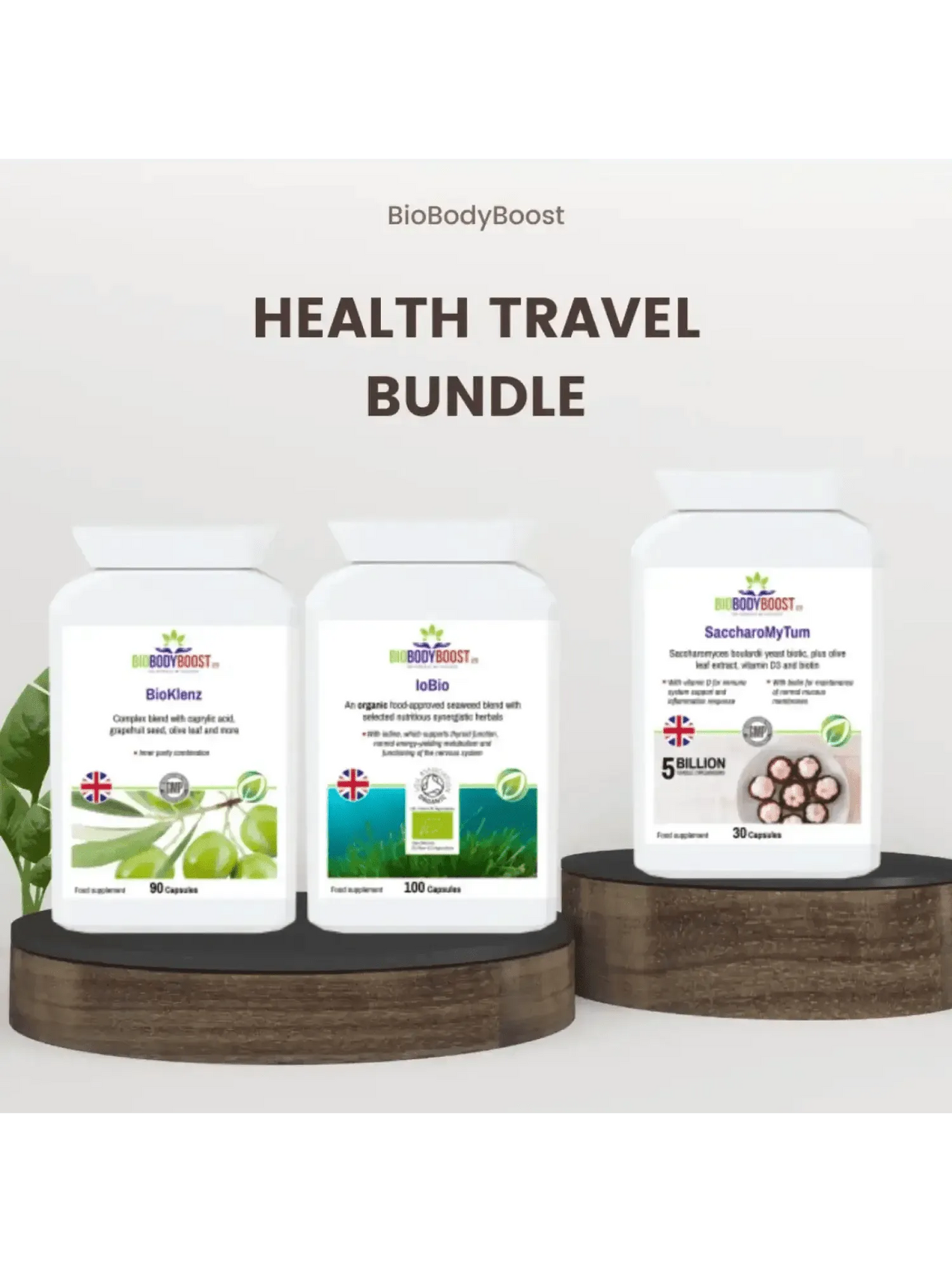 BioBodyBoost Health Travel Bundle featuring plant-based travel supplements for wellness on the go