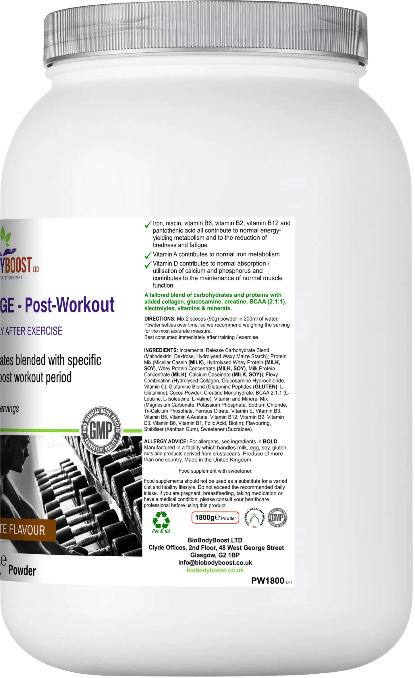 BioBodyBoost Post-Workout Drink Mix Chocolate in a large container for recovery after exercise