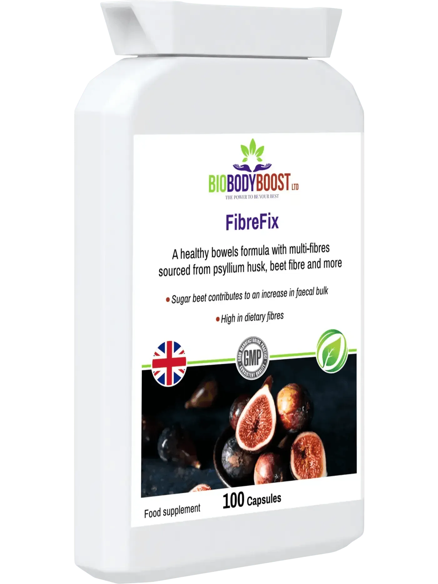 BioBodyBoost FibreFix food supplement with Psyllium Husk Dietary Fibre in 100 capsules for healthy bowels