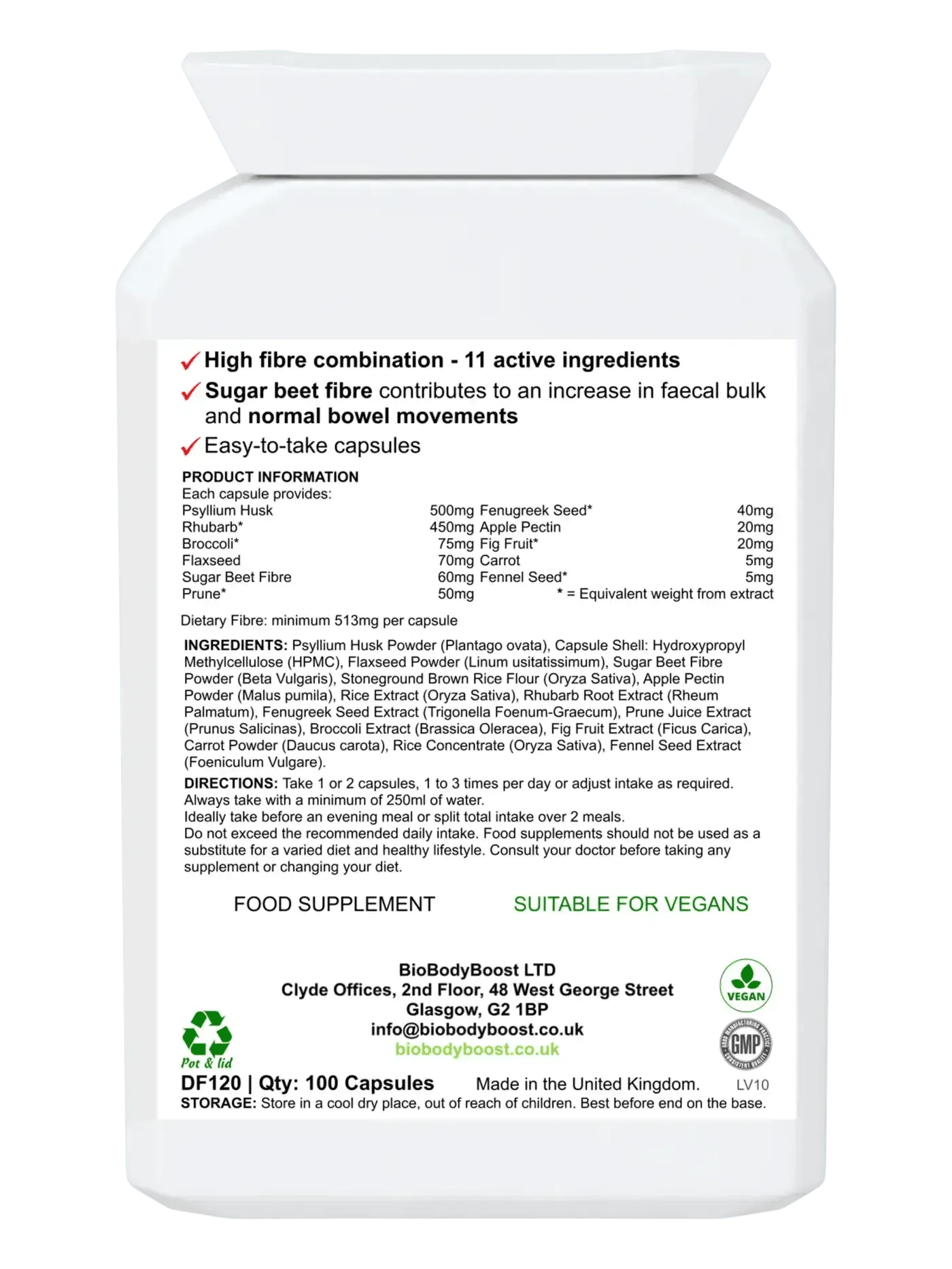 BioBodyBoost Psyllium Husk Dietary Fibre Supplement Capsules for digestion support and increased dietary fiber intake
