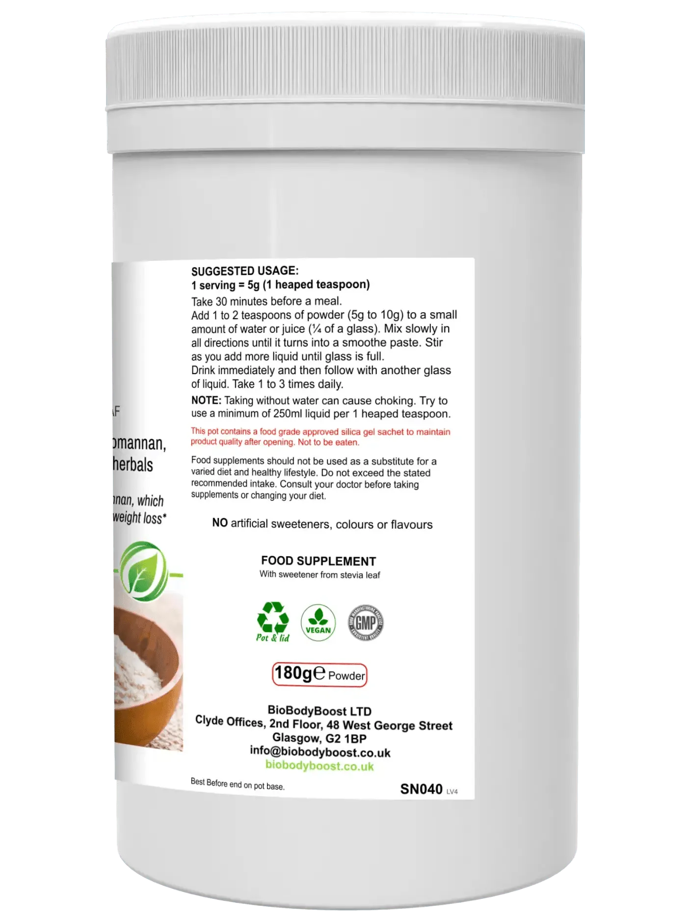 BioBodyBoost Psyllium Husks Dietary Fibre Powder in a white tub for digestive health support