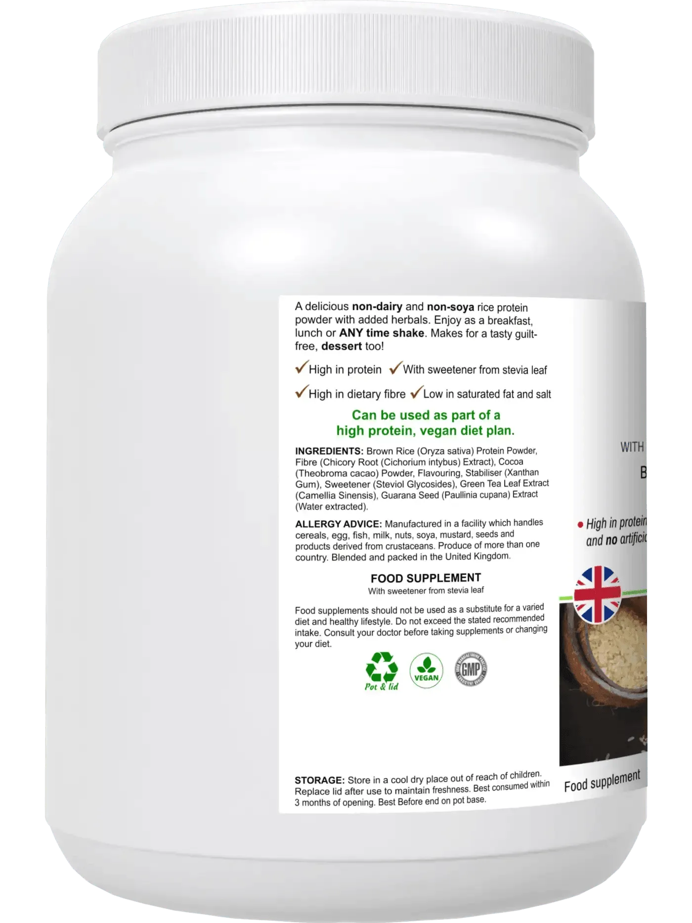 BioBodyBoost Rice Protein Powder in a white tub ideal for vegan diets and high protein meals