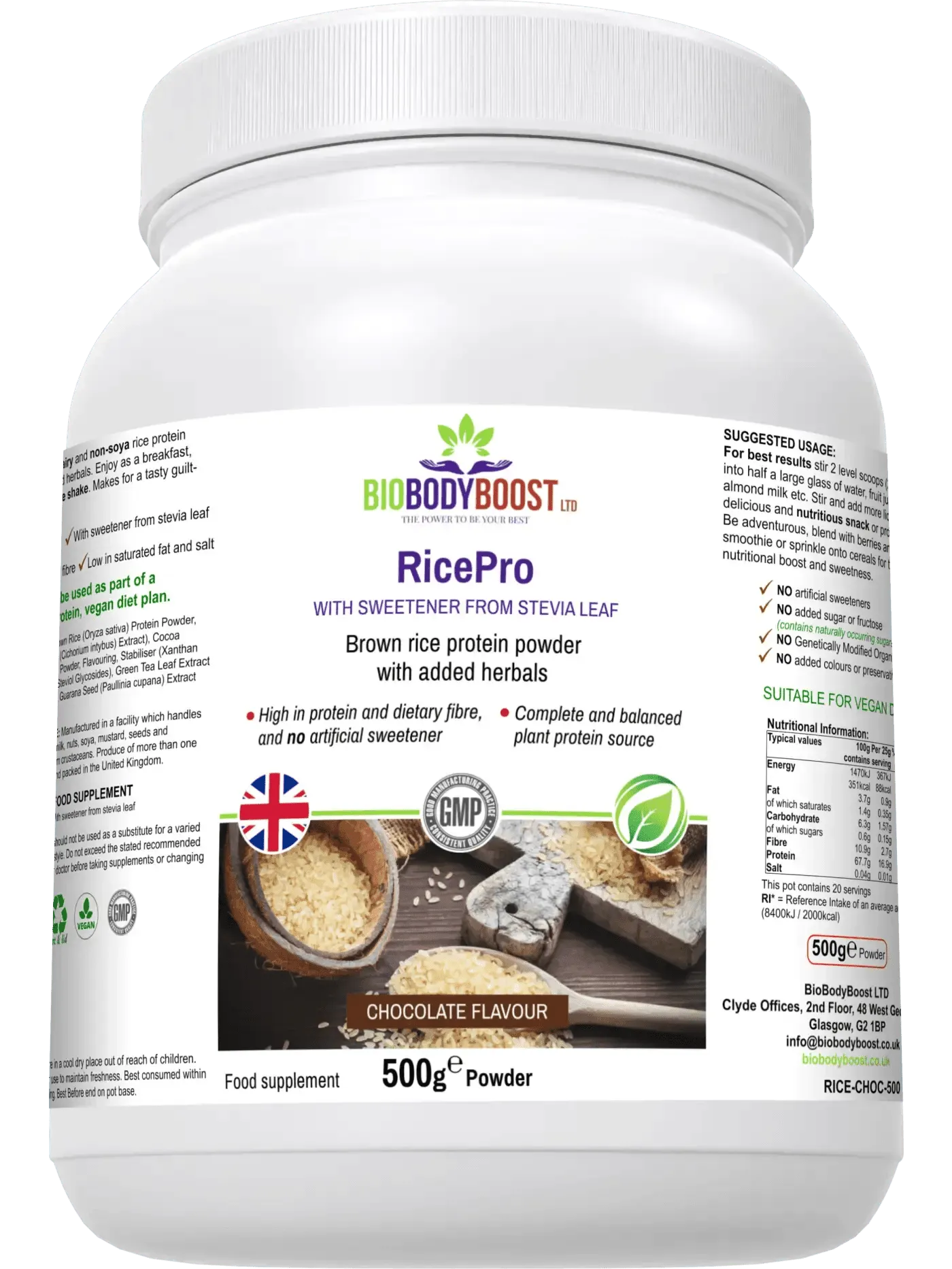 BioBodyBoost Rice Protein Powder in Chocolate Flavor with added herbs and natural sweetener