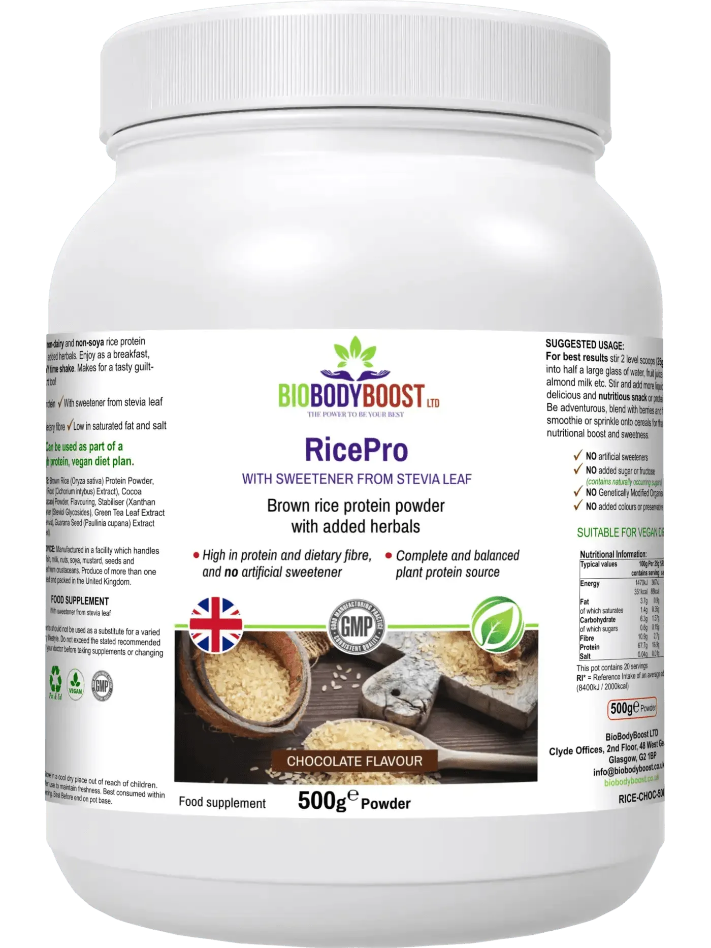 BioBodyBoost Rice Protein Powder in Chocolate flavor, high in protein with added herbs and stevia leaf